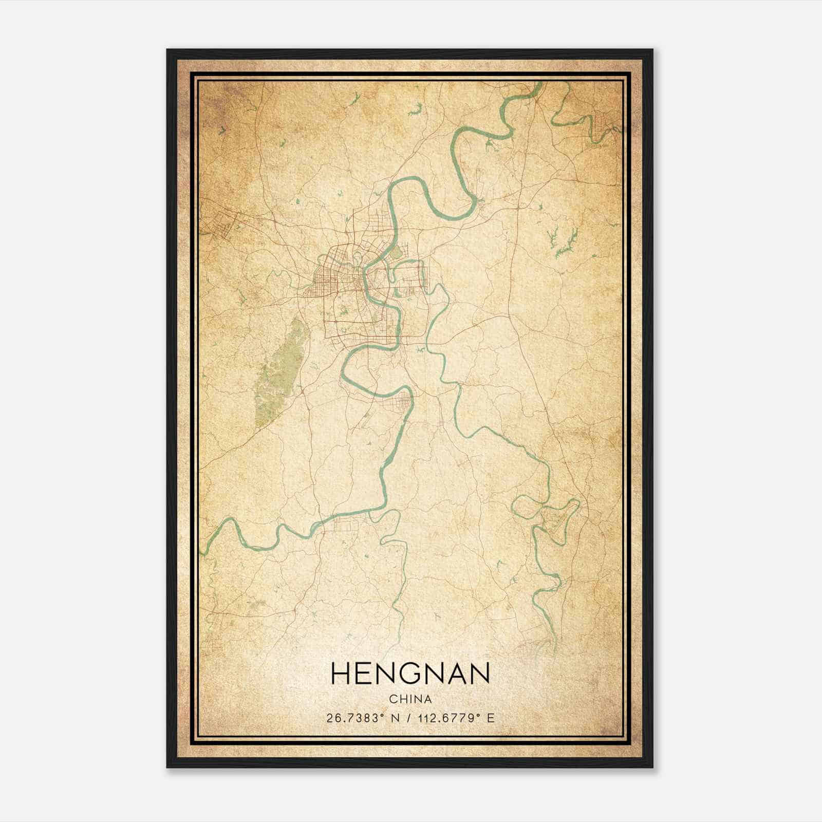 Vintage Hengnan China Map Poster, Hengnan City Road Wall Art Print