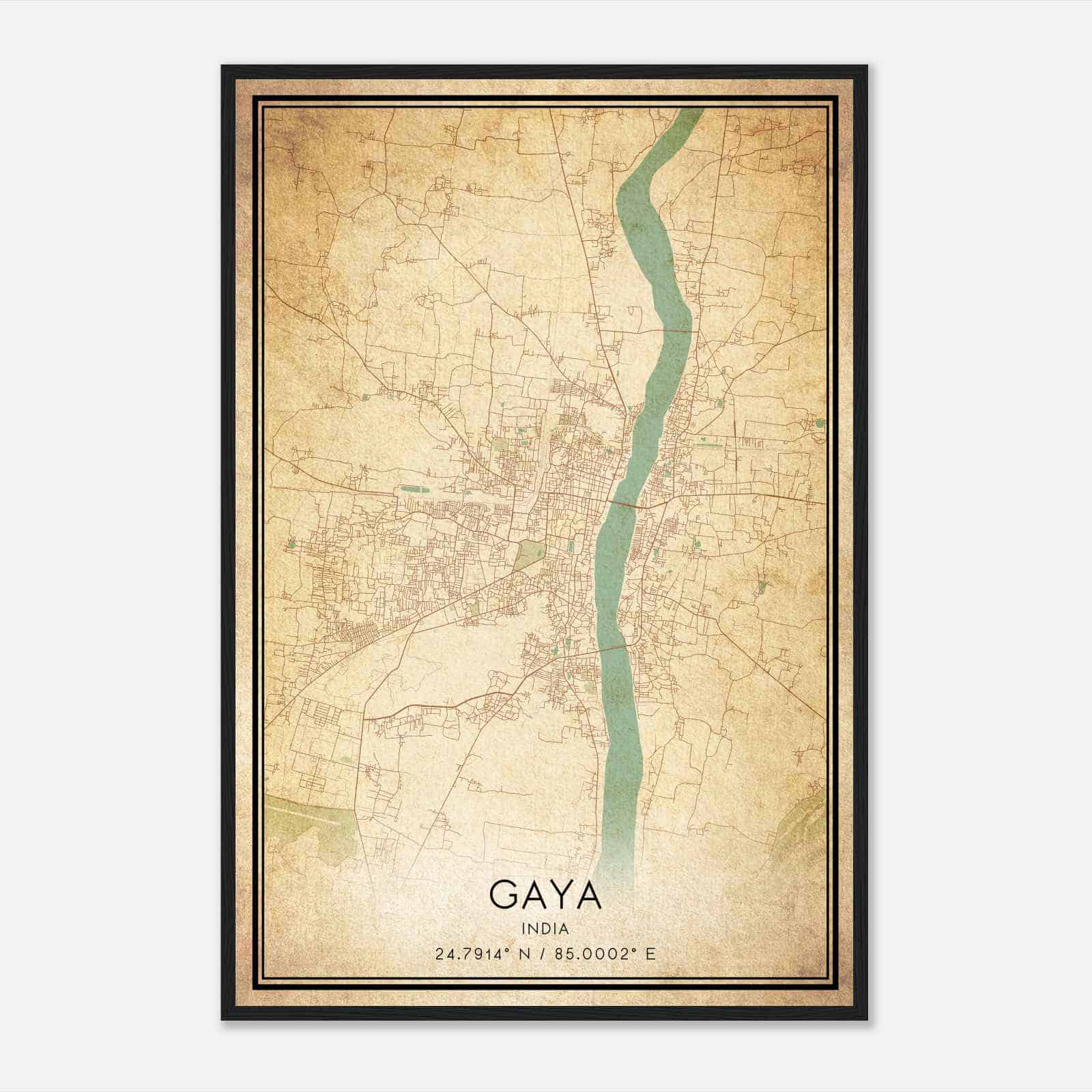 Vintage Gaya India Map Poster, Gaya City Road Wall Art Print