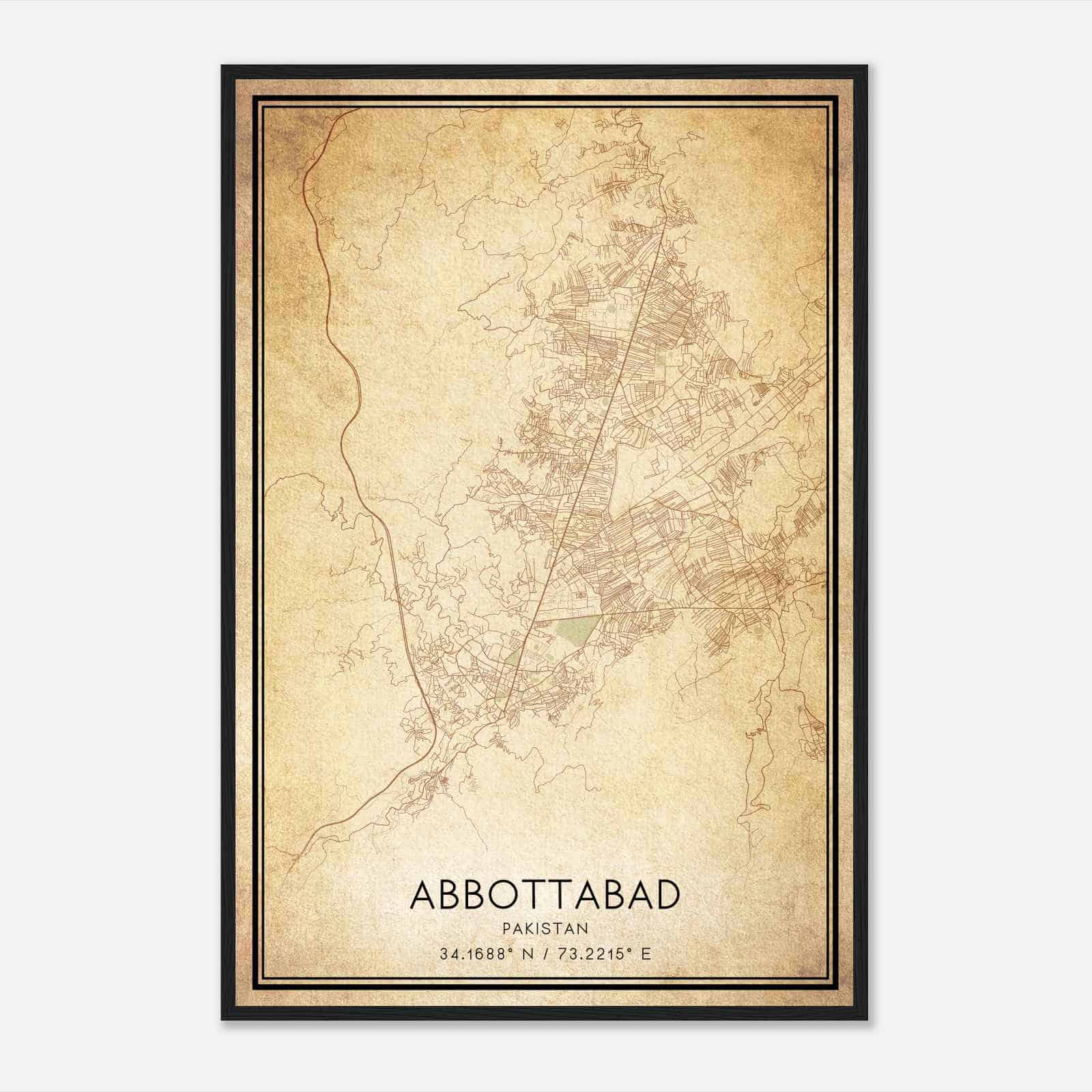 Vintage Abbottabad Pakistan Map Poster, Abbottabad City Road Wall Art Print
