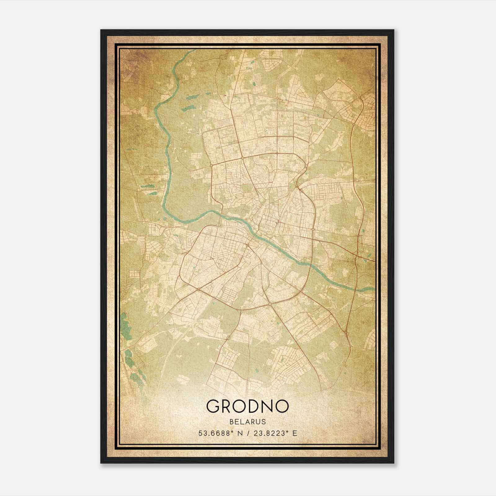Vintage Grodno Belarus Map Poster, Grodno City Road Wall Art Print
