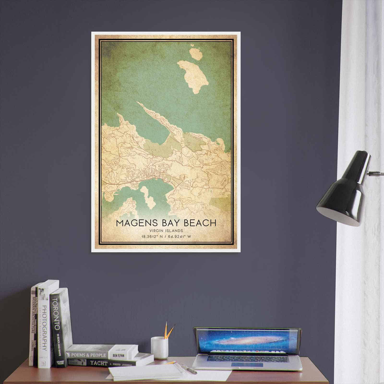 Vintage Magens Bay Beach Virgin Islands Map Poster, Magens Bay Beach City Road Wall Art Print