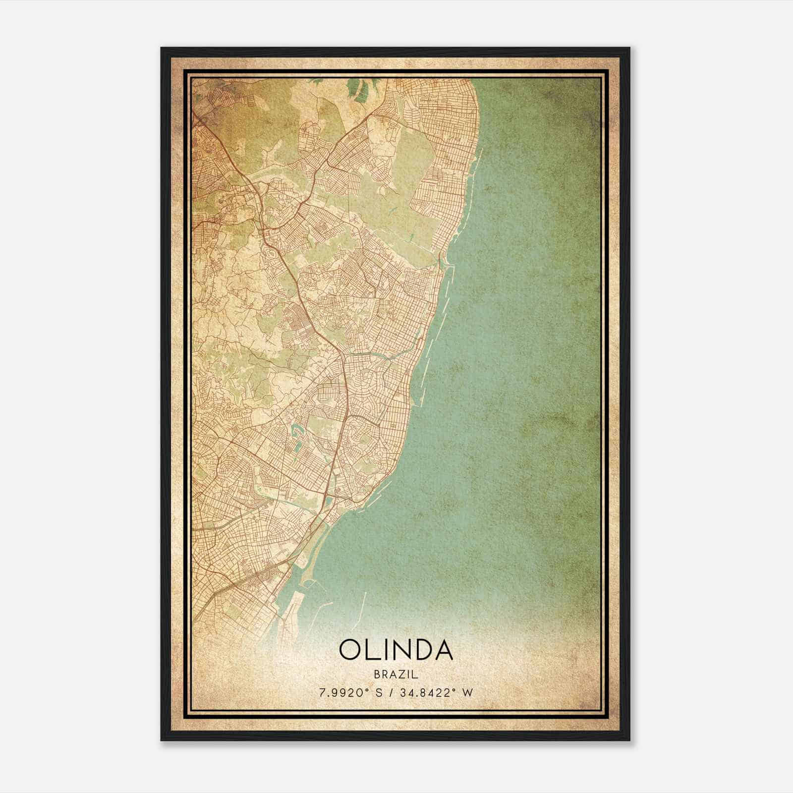 Vintage Olinda Brazil Map Poster, Olinda City Road Wall Art Print
