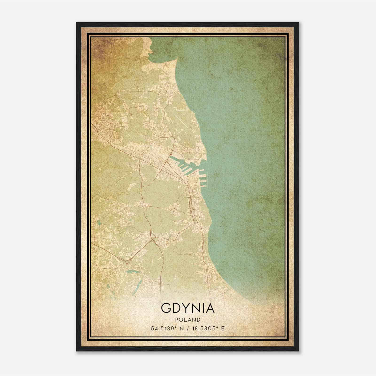 Vintage Gdynia Poland Map Poster, Gdynia City Road Wall Art Print
