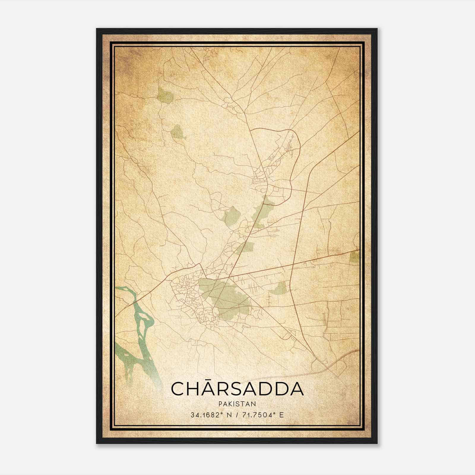 Vintage Charsadda Pakistan Map Poster, Charsadda City Road Wall Art Print