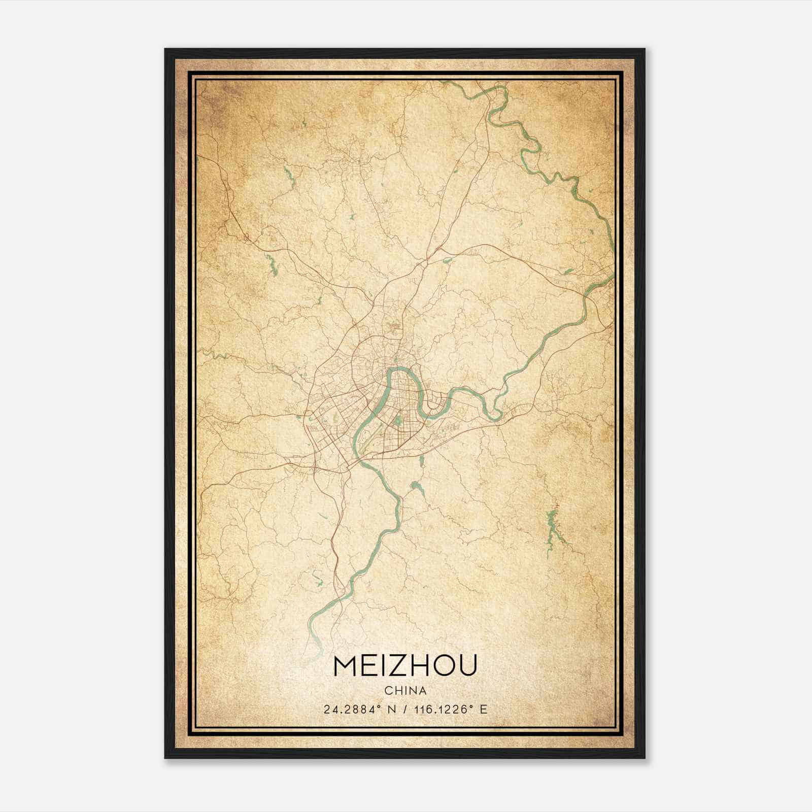 Vintage Meizhou China Map Poster, Meizhou City Road Wall Art Print