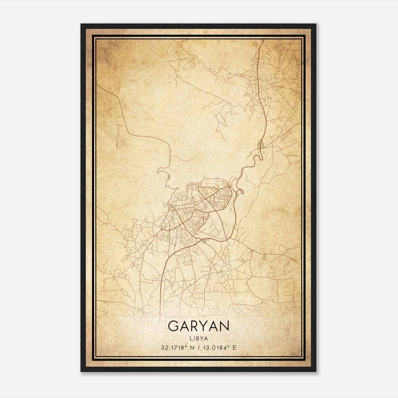 Vintage Garyan Libya Map Poster, Garyan City Road Wall Art Print