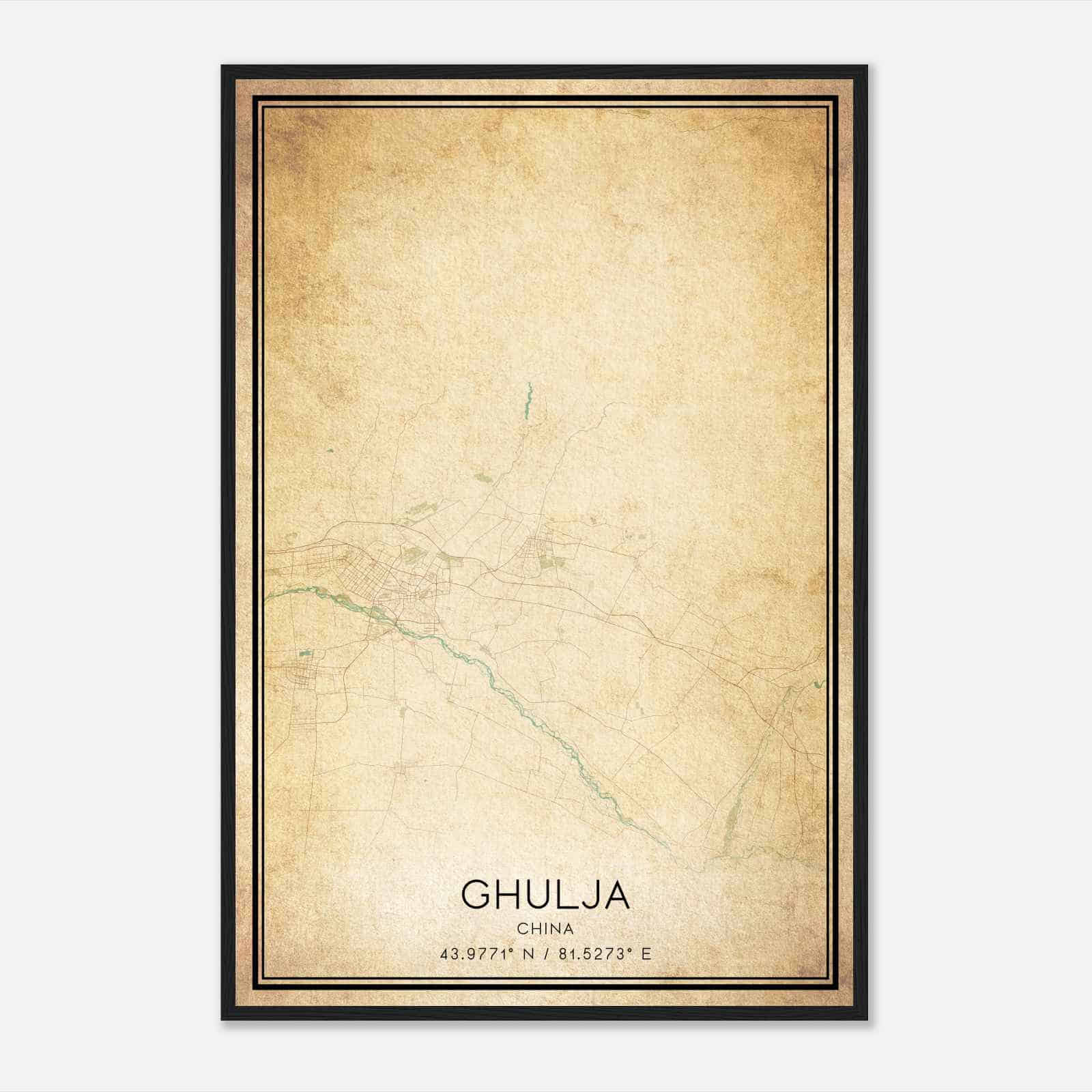 Vintage Ghulja China Map Poster, Ghulja City Road Wall Art Print