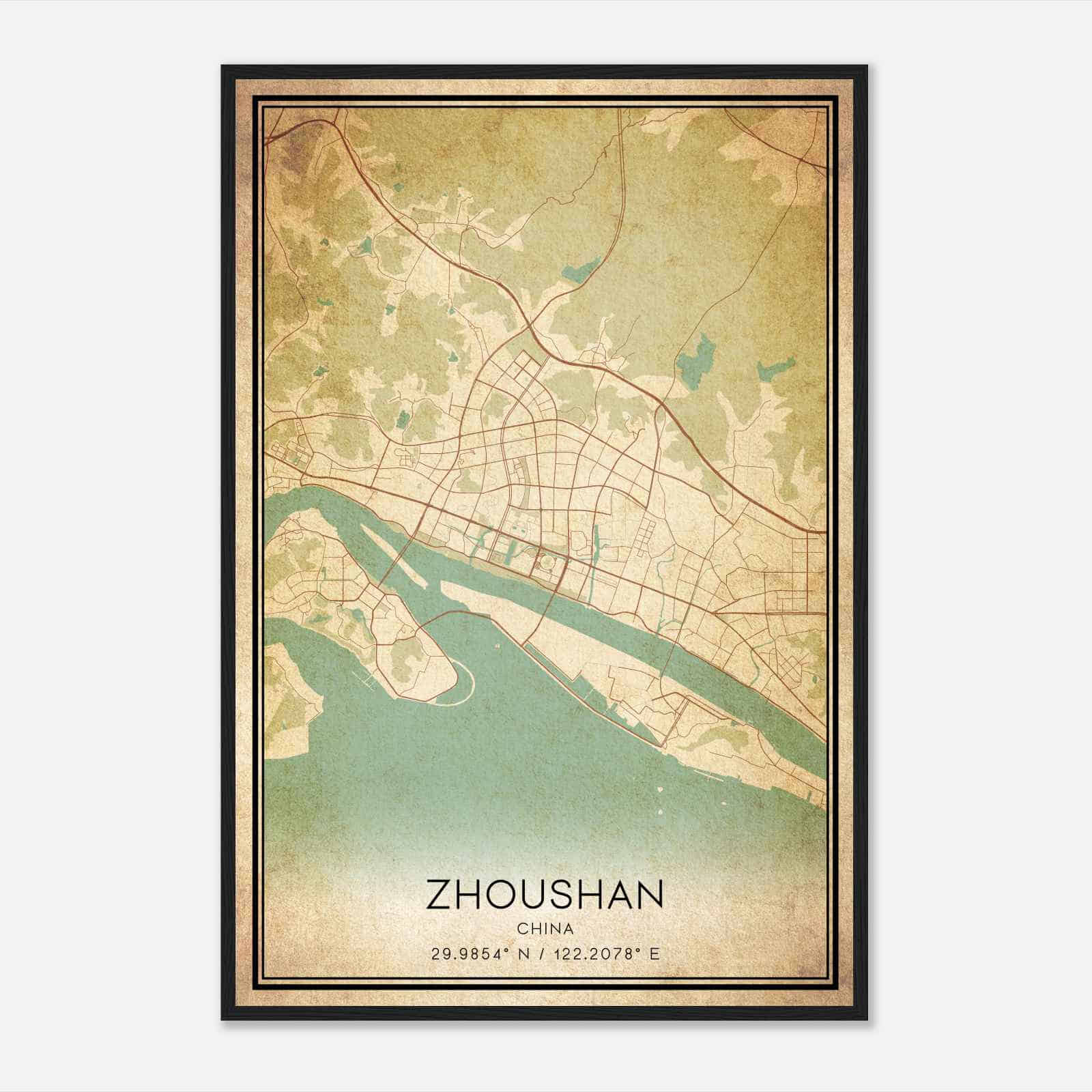 Vintage Zhoushan China Map Poster, Zhoushan City Road Wall Art Print