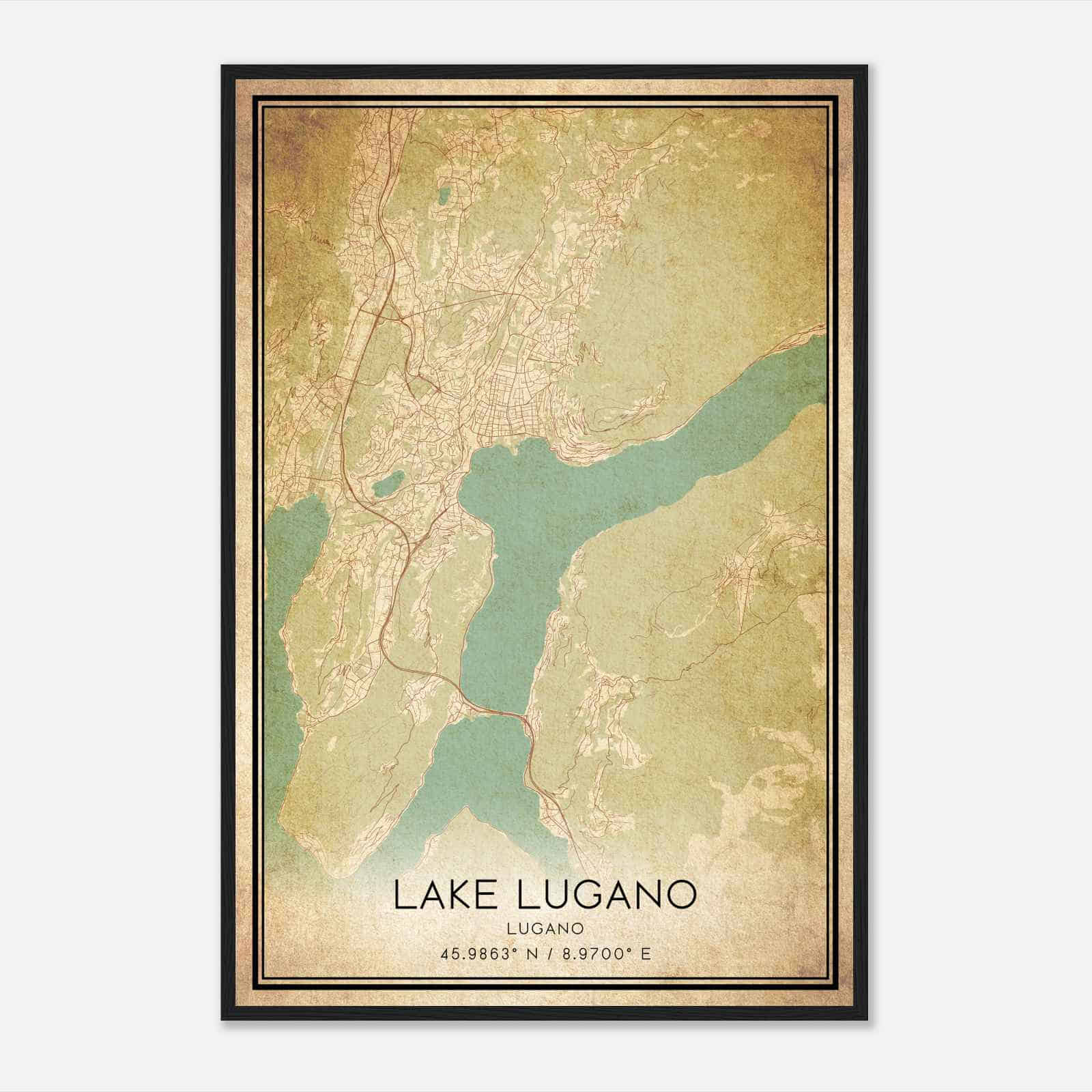 Vintage Lake Lugano Lugano Map Poster, Lake Lugano City Road Wall Art Print