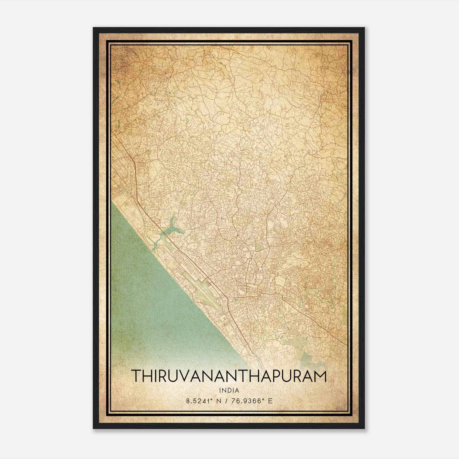 Vintage Thiruvananthapuram India Map Poster, Thiruvananthapuram City