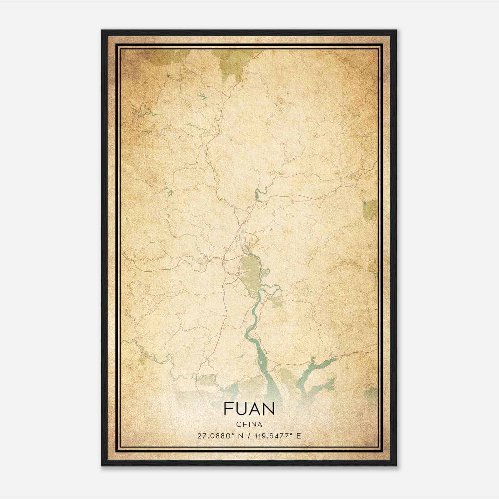 Vintage Fuan China Map Poster, Fuan City Road Wall Art Print