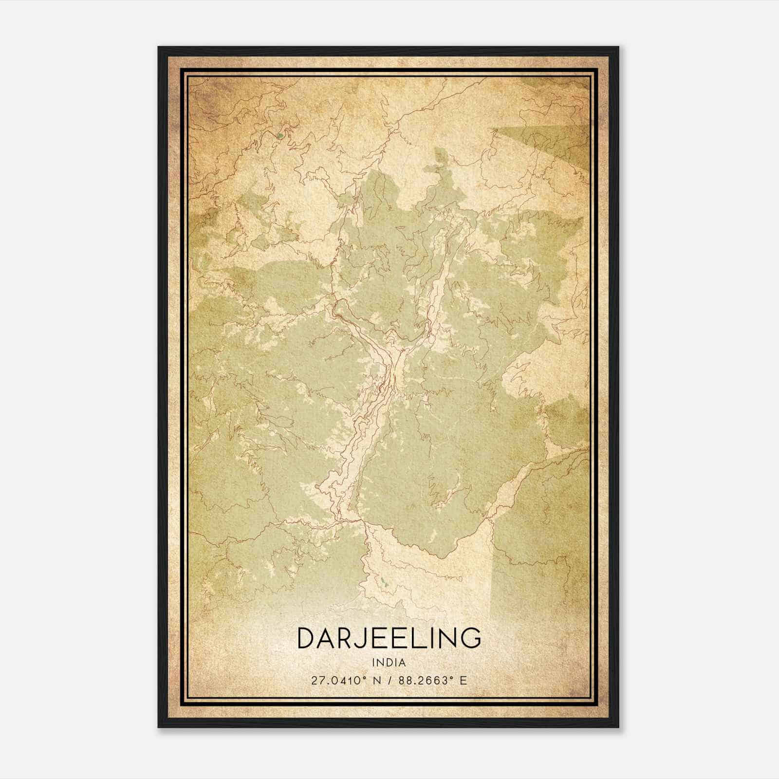 Vintage Darjeeling India Map Poster, Darjeeling City Road Wall Art Print