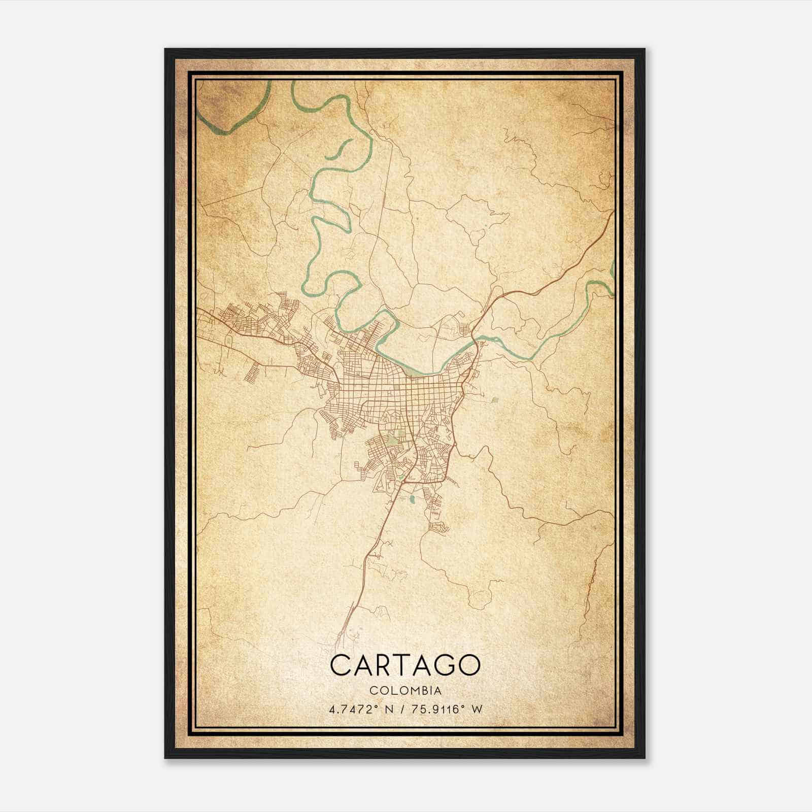 Vintage Cartago Colombia Map Poster, Cartago City Road Wall Art Print