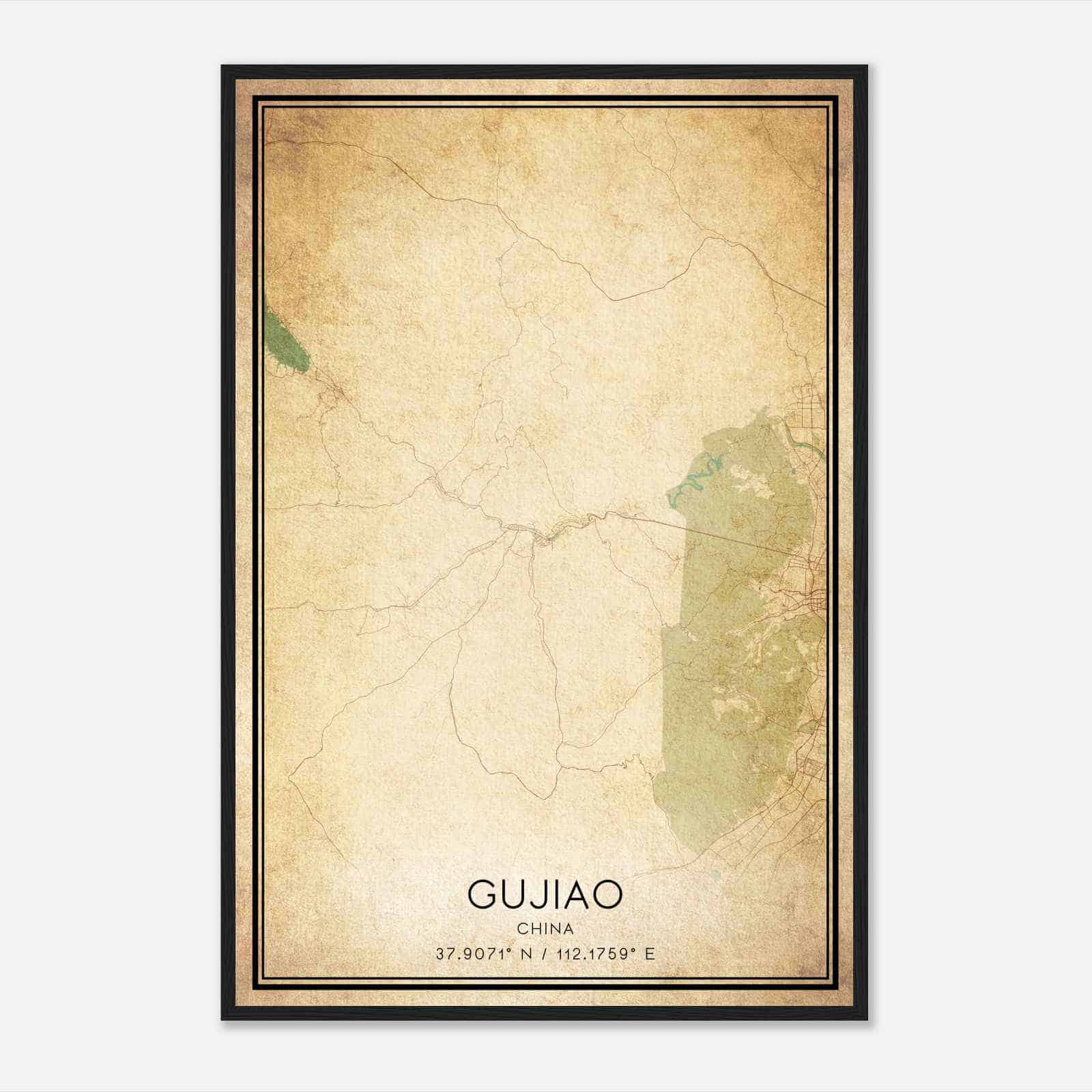 Vintage Gujiao China Map Poster, Gujiao City Road Wall Art Print