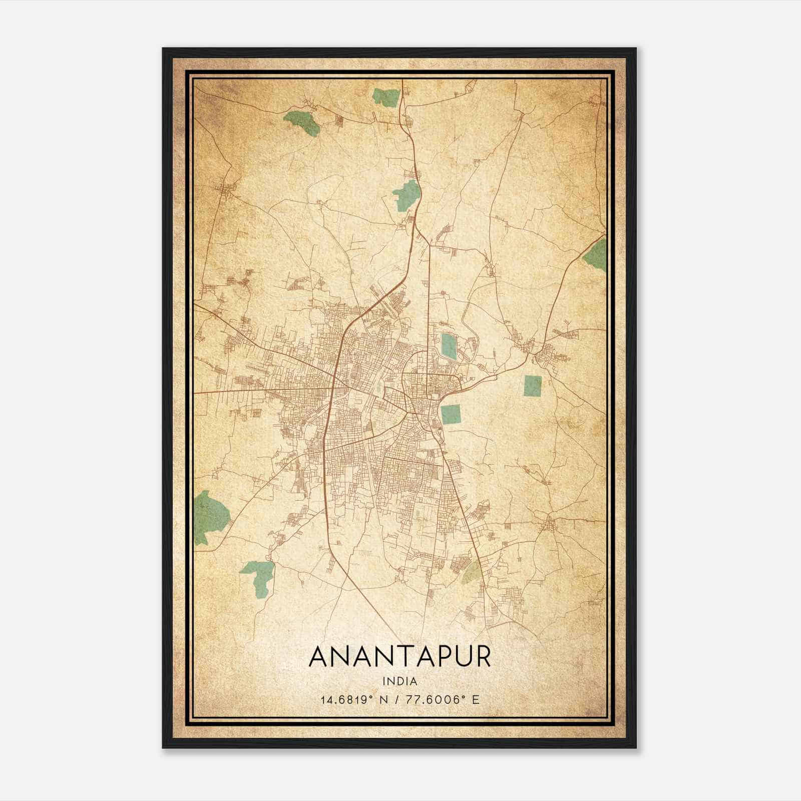 Vintage Anantapur India Map Poster, Anantapur City Road Wall Art Print