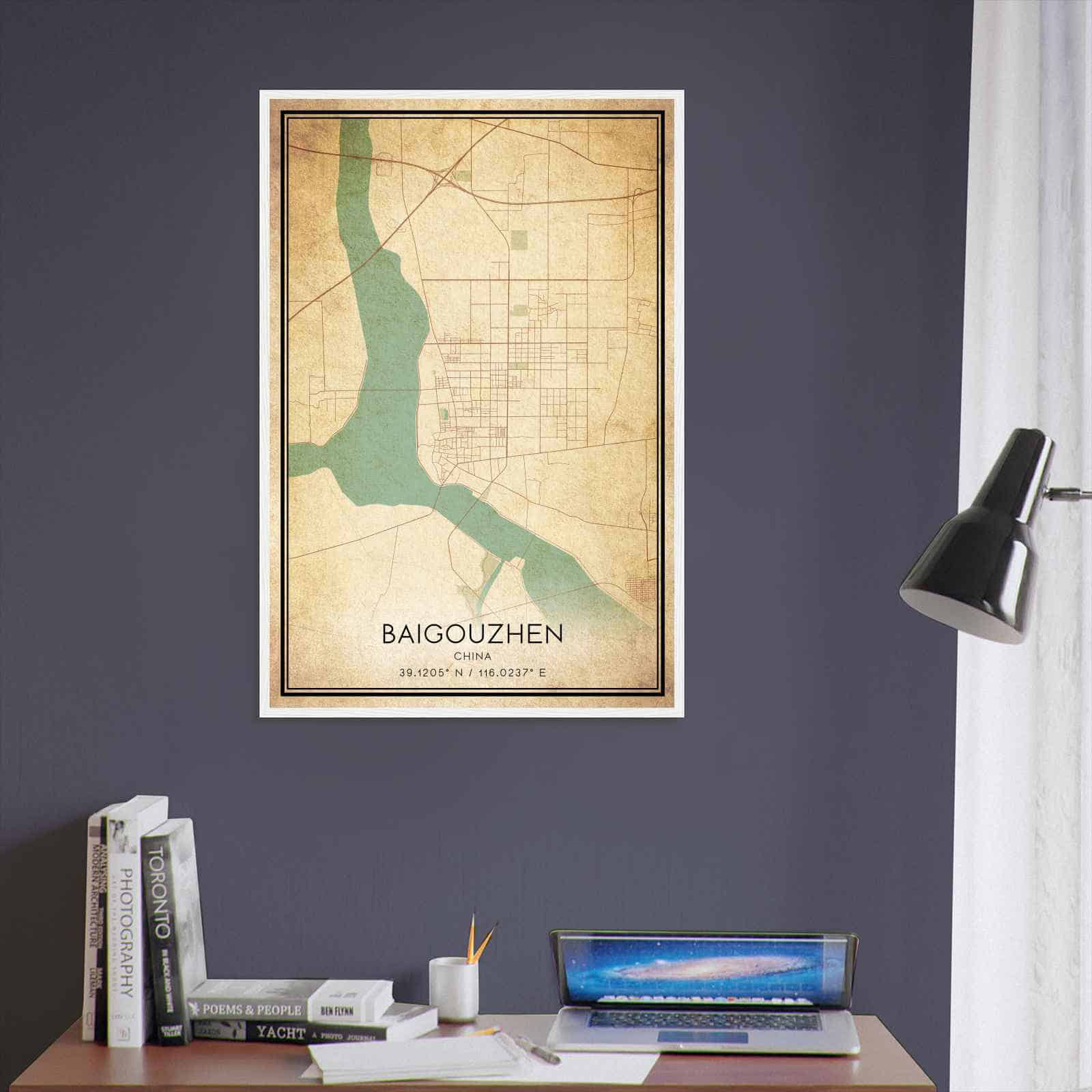 Vintage Baigouzhen China Map Poster, Baigouzhen City Road Wall Art Print