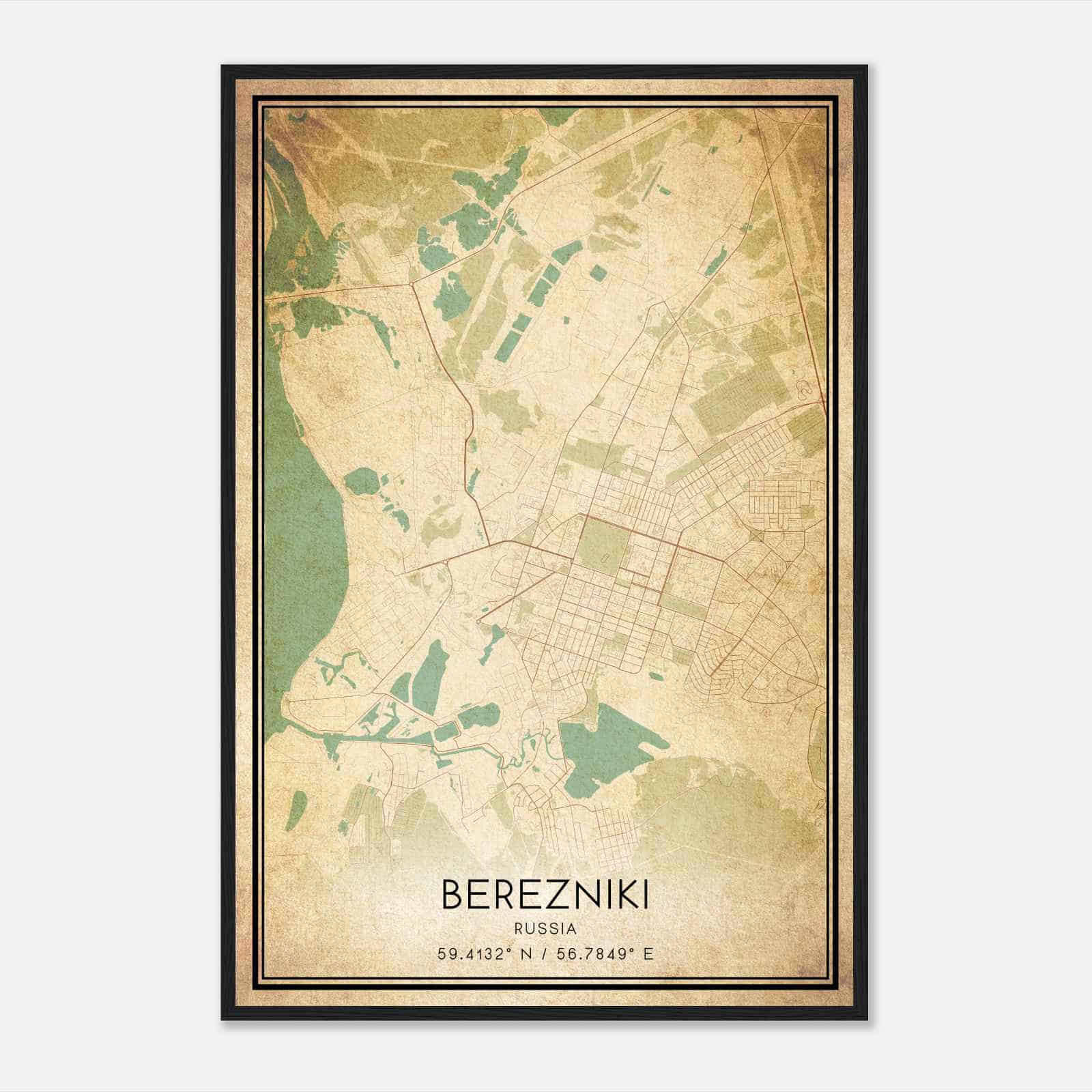 Vintage Berezniki Russia Map Poster, Berezniki City Road Wall Art Print