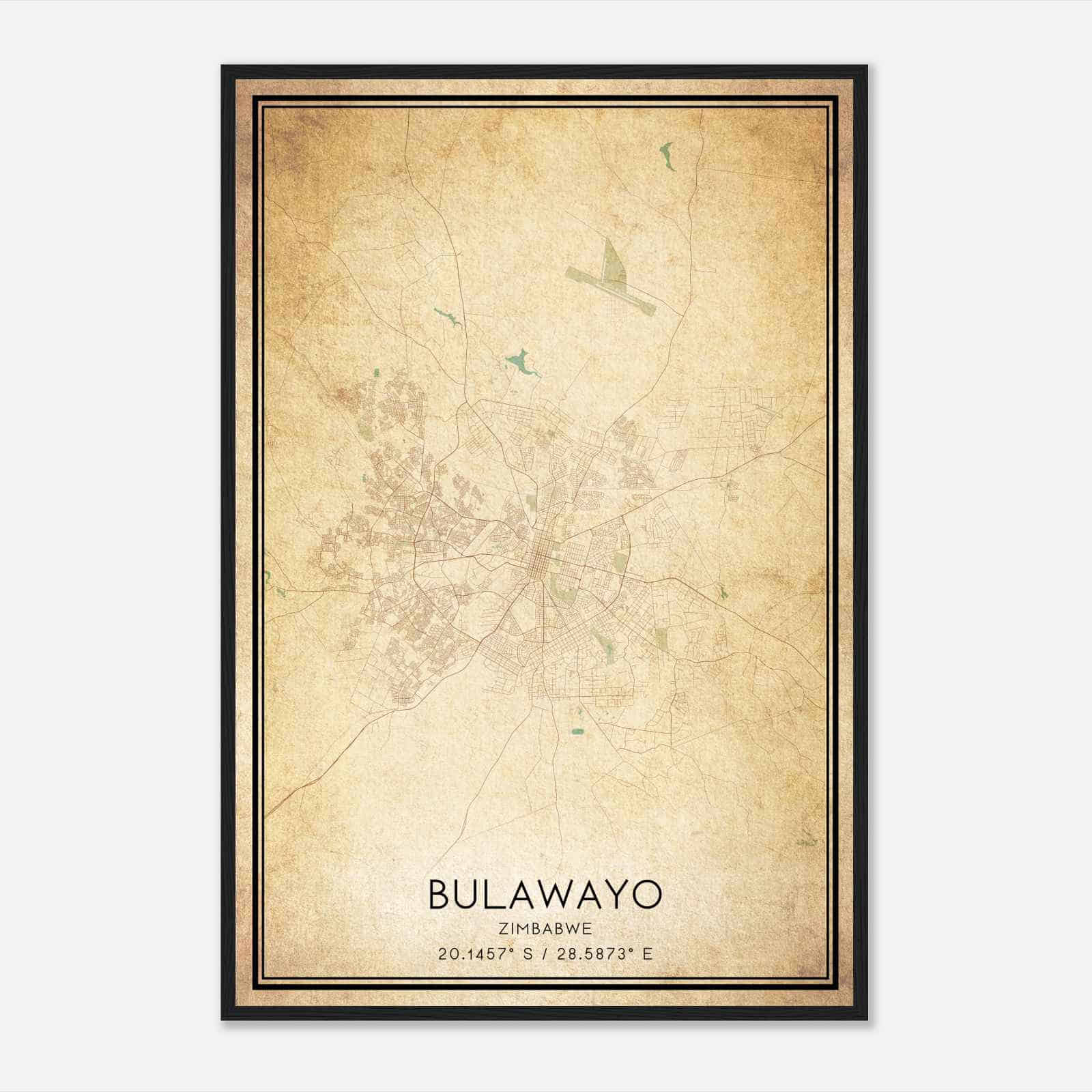 Vintage Bulawayo Zimbabwe Map Poster, Bulawayo City Road Wall Art Print