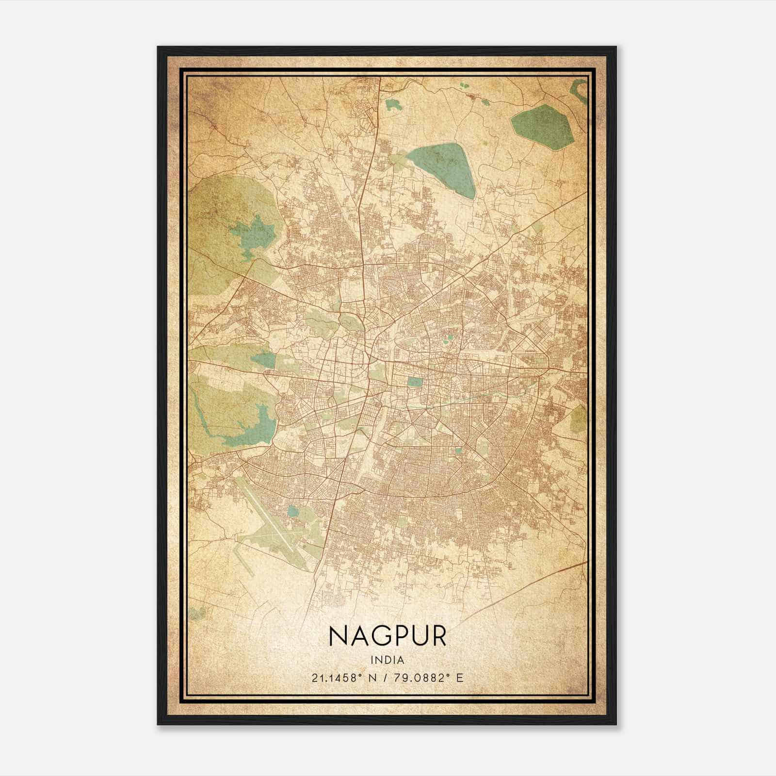 Vintage Nagpur India Map Poster, Nagpur City Road Wall Art Print