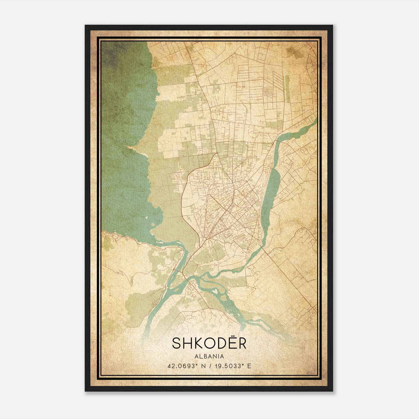 Vintage Shkoder Albania Map Poster, Shkoder City Road Wall Art Print