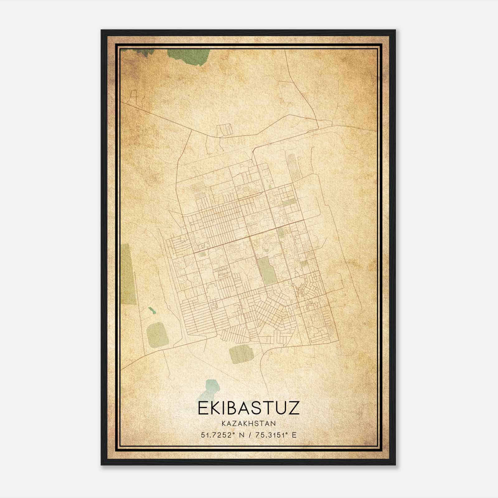 Vintage Ekibastuz Kazakhstan Map Poster, Ekibastuz City Road Wall Art Print