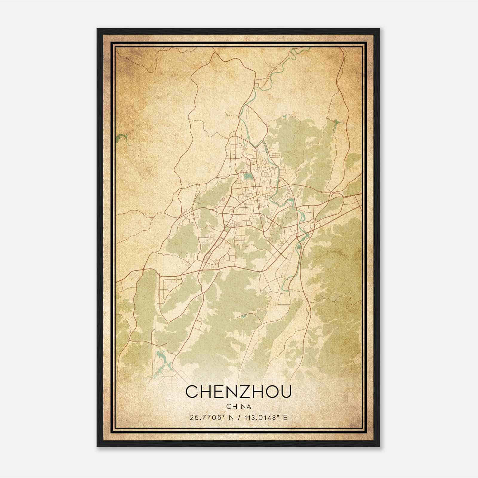 Vintage Chenzhou China Map Poster, Chenzhou City Road Wall Art Print