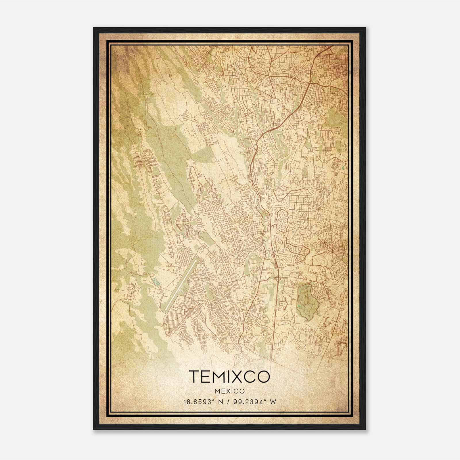 Vintage Temixco Mexico Map Poster, Temixco City Road Wall Art Print