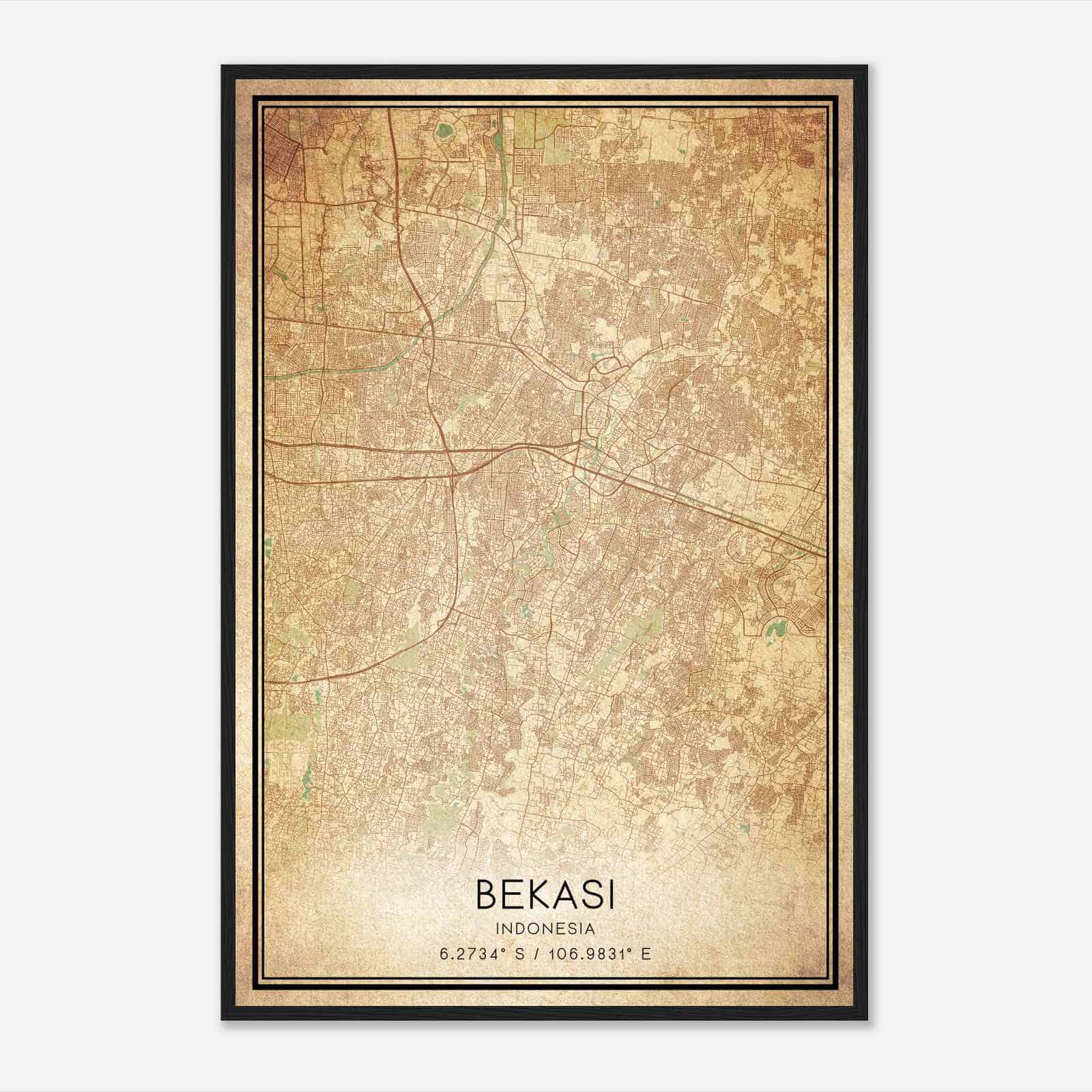 Vintage Bekasi Indonesia Map Poster, Bekasi City Road Wall Art Print