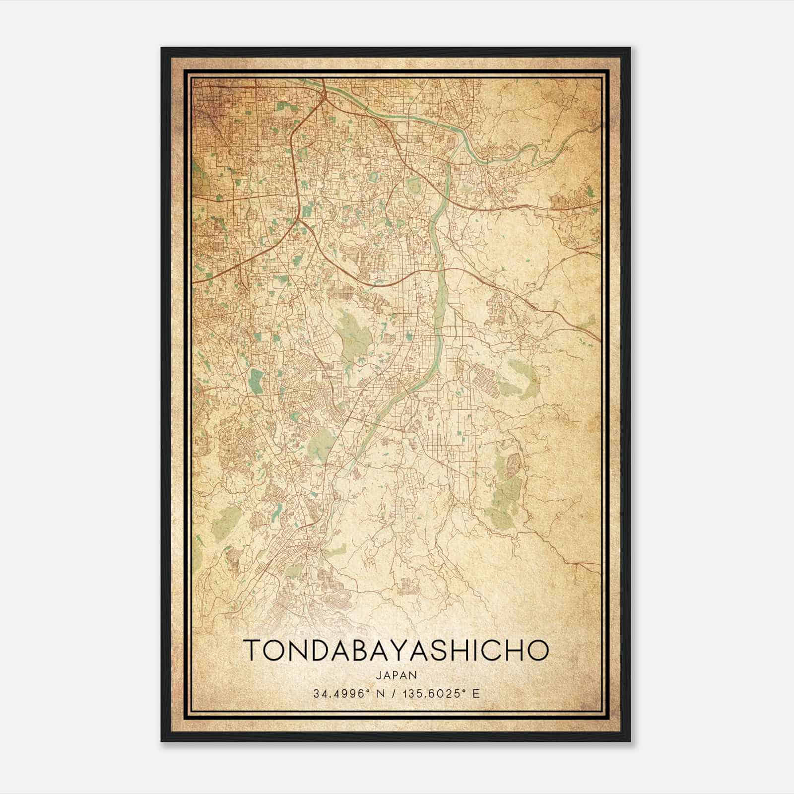 Vintage Tondabayashicho Japan Map Poster, Tondabayashicho City Road Wall Art Print