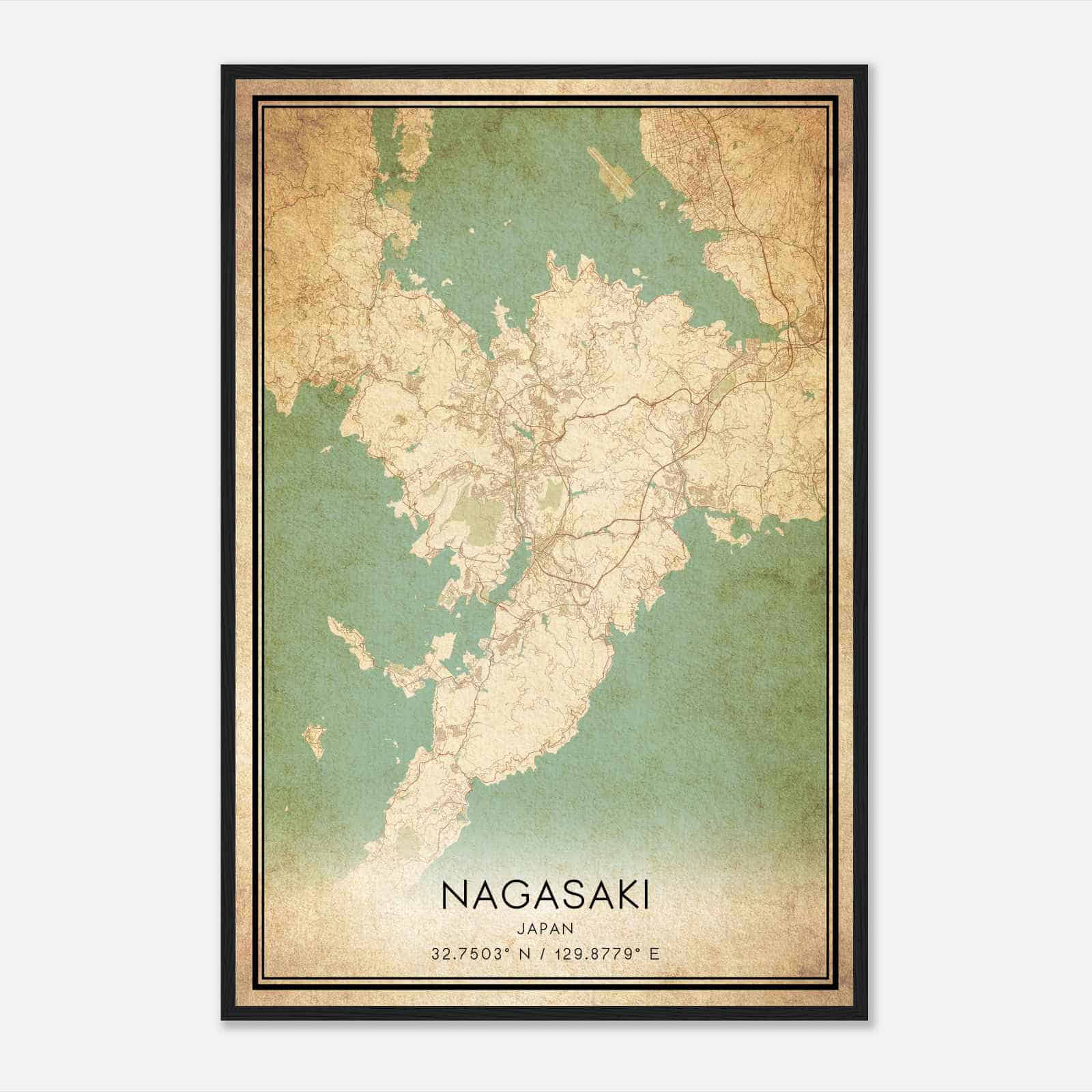 Vintage Nagasaki Japan Map Poster, Nagasaki City Road Wall Art Print