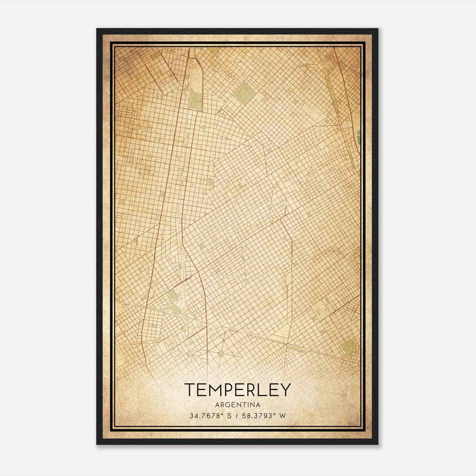 Vintage Temperley Argentina Map Poster, Temperley City Road Wall Art Print