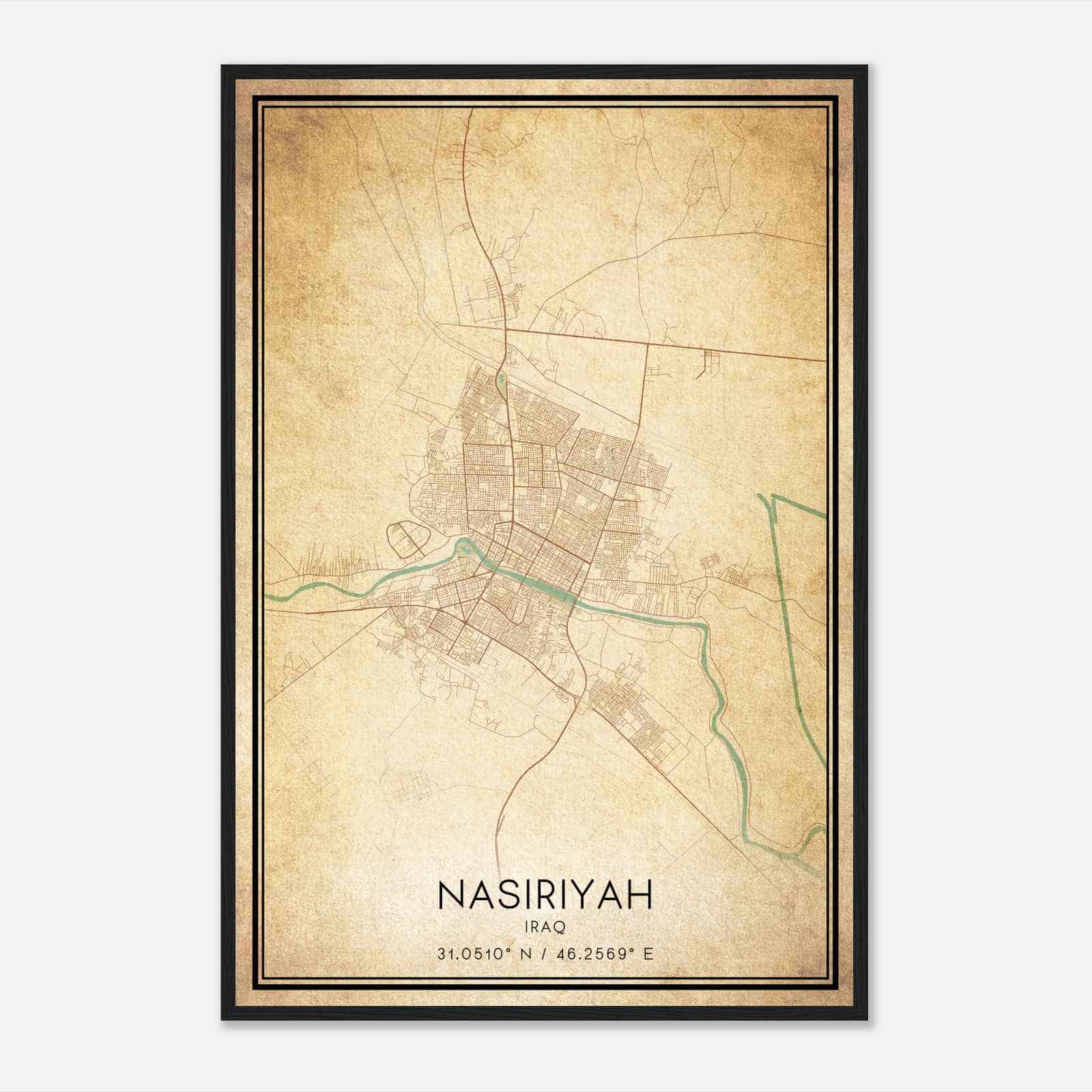 Vintage Nasiriyah Iraq Map Poster, Nasiriyah City Road Wall Art Print