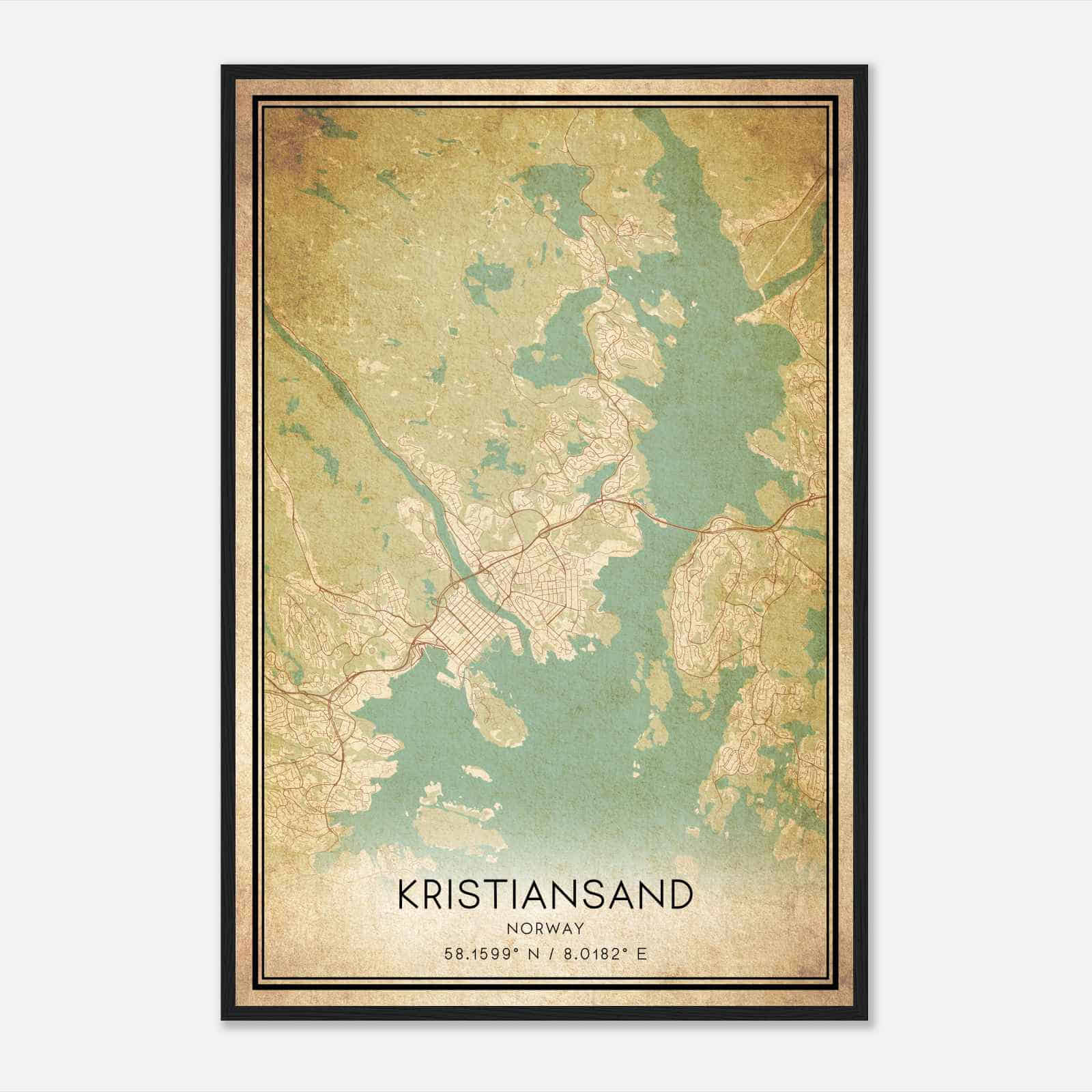 Vintage Kristiansand Norway Map Poster, Kristiansand City Road Wall Art Print