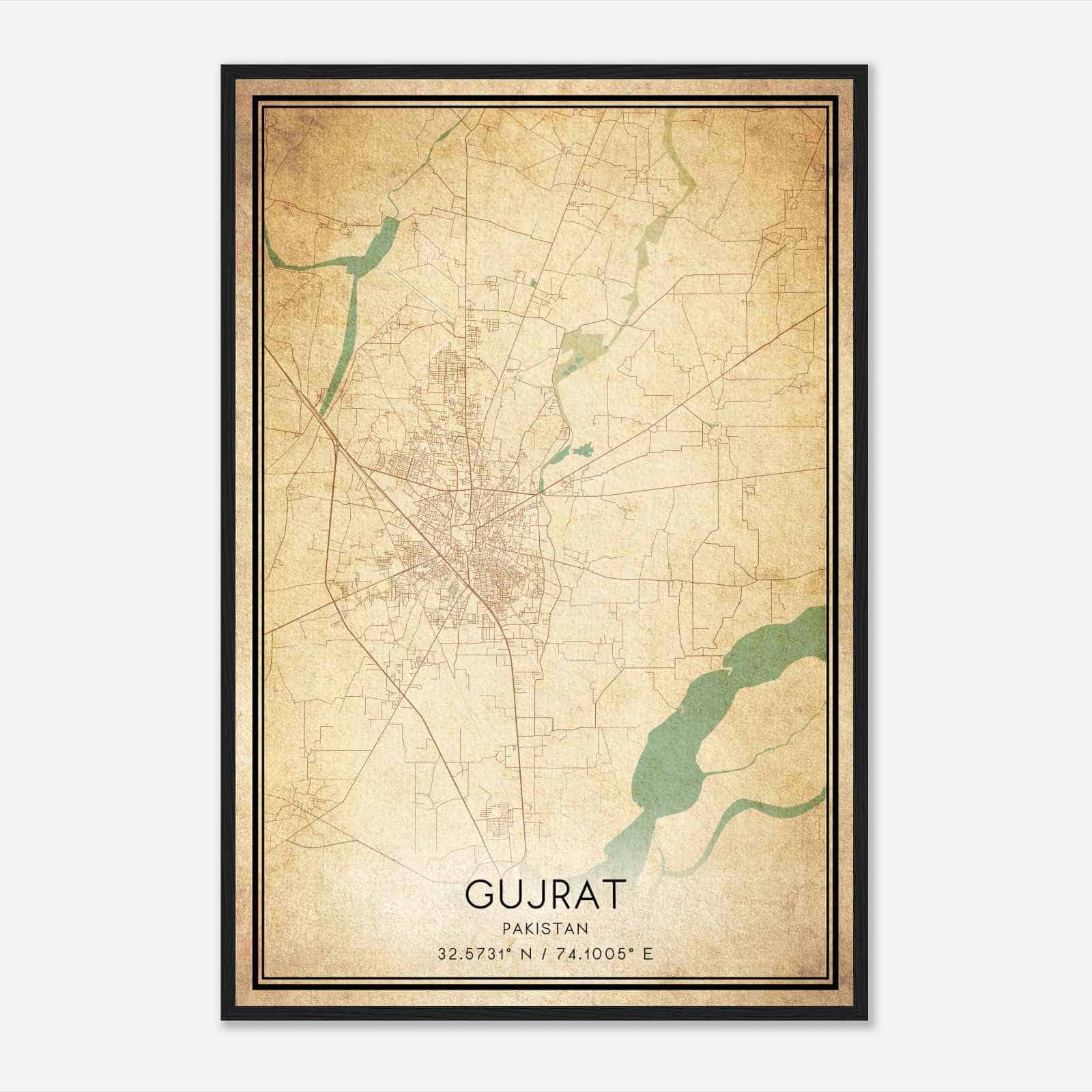 Vintage Gujrat Pakistan Map Poster, Gujrat City Road Wall Art Print