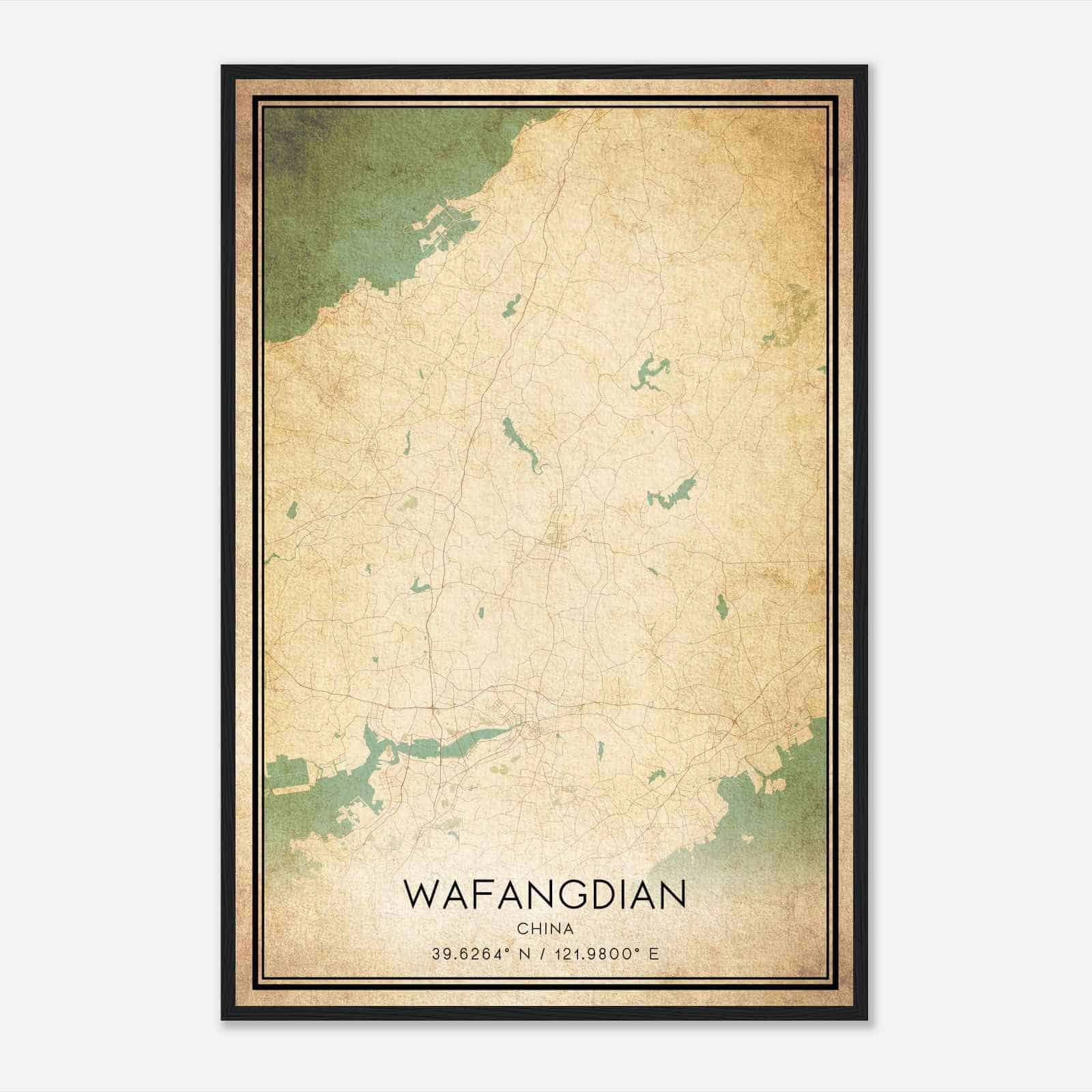 Vintage Wafangdian China Map Poster, Wafangdian City Road Wall Art Print