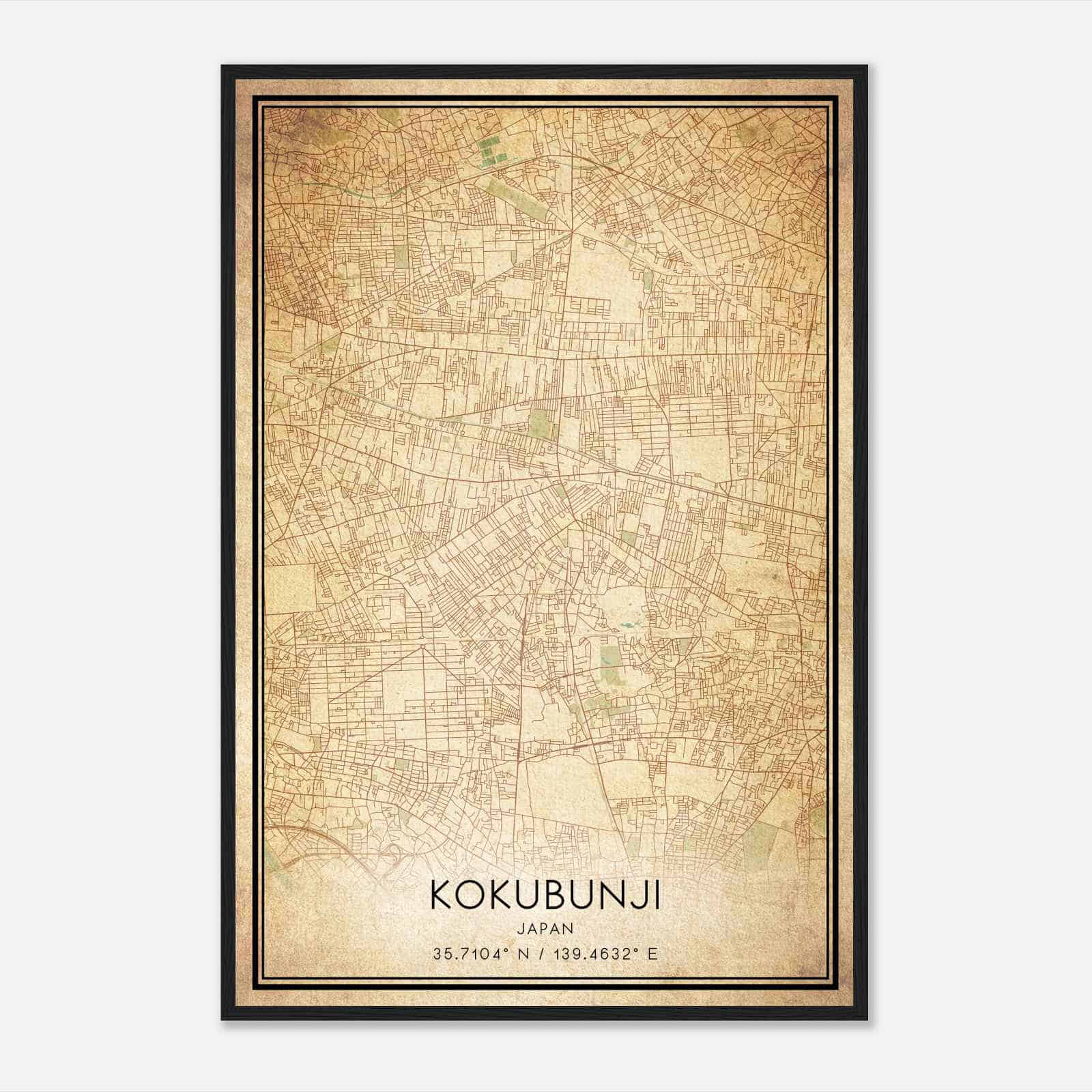 Vintage Kokubunji Japan Map Poster, Kokubunji City Road Wall Art Print