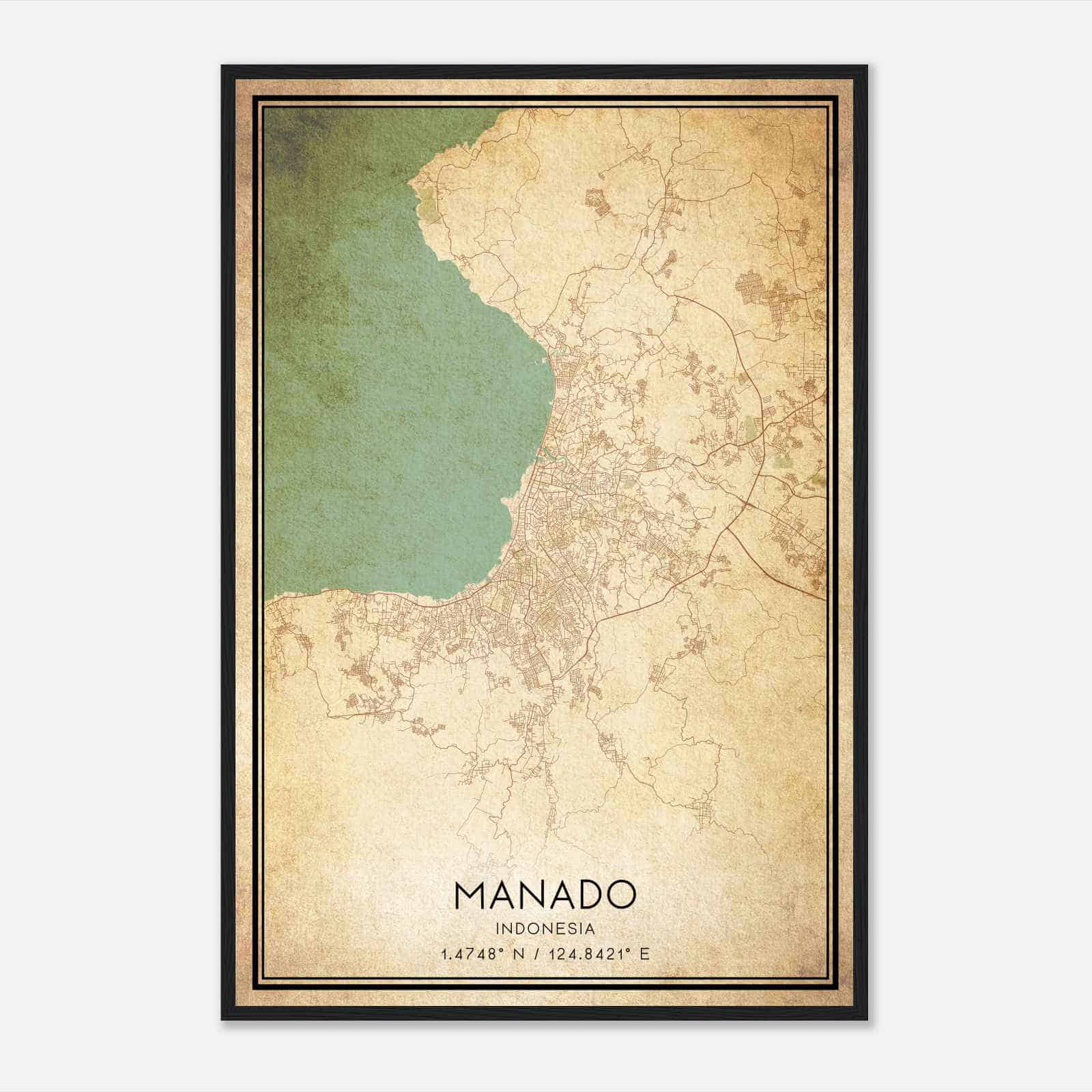 Vintage Manado Indonesia Map Poster, Manado City Road Wall Art Print