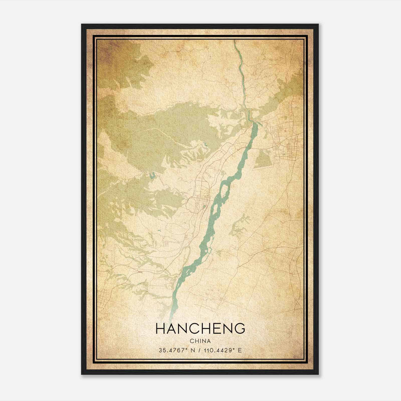 Vintage Hancheng China Map Poster, Hancheng City Road Wall Art Print