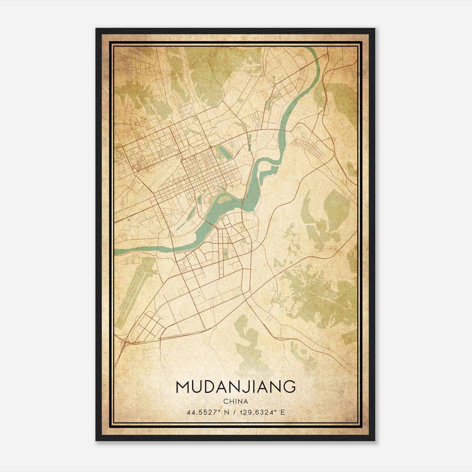 Vintage Mudanjiang China Map Poster, Mudanjiang City Road Wall Art Print