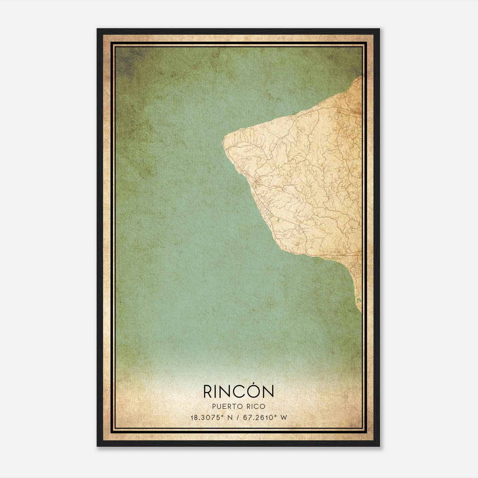 Vintage Rincon Puerto Rico Map Poster, Rincon City Road Wall Art Print