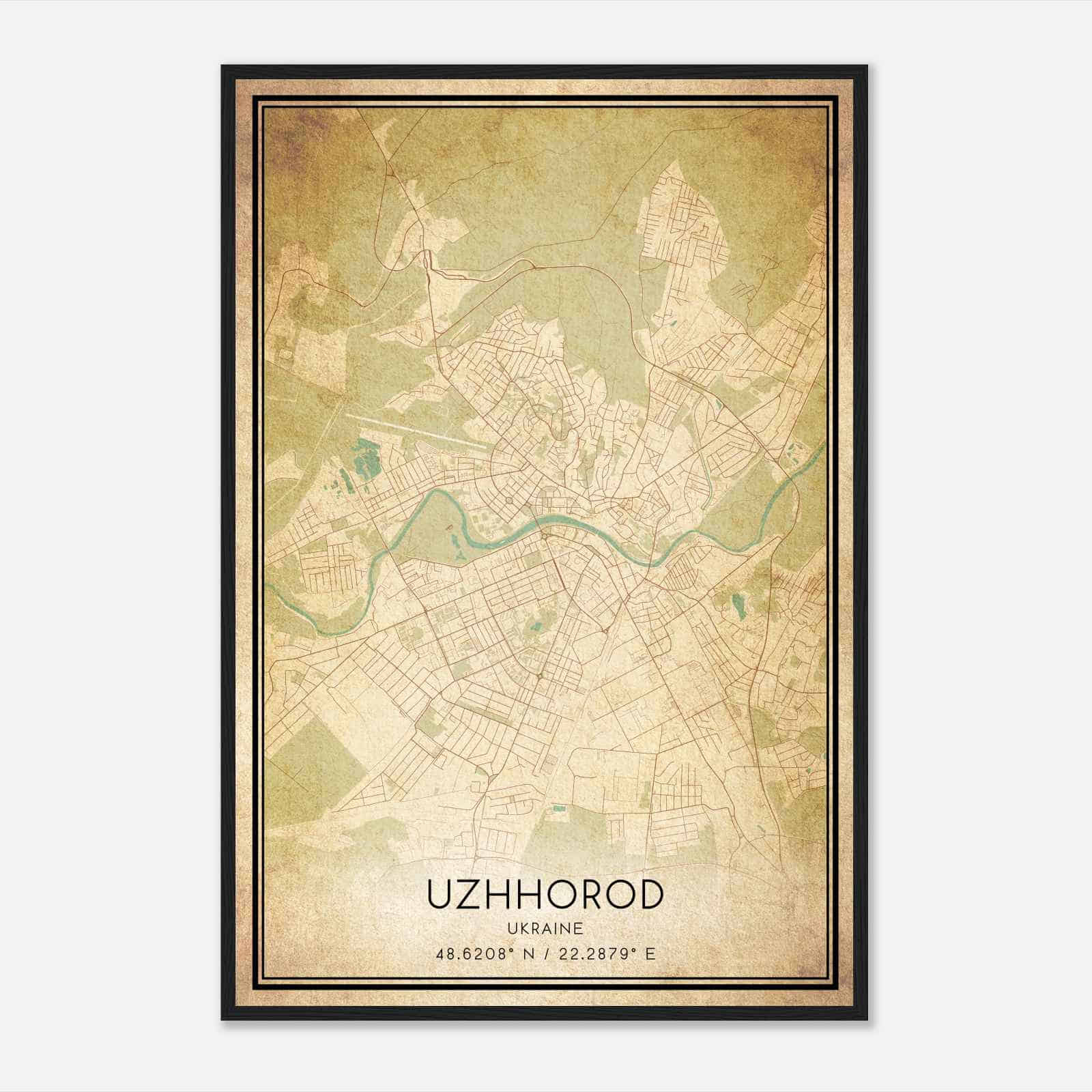 Vintage Uzhhorod Ukraine Map Poster, Uzhhorod City Road Wall Art Print