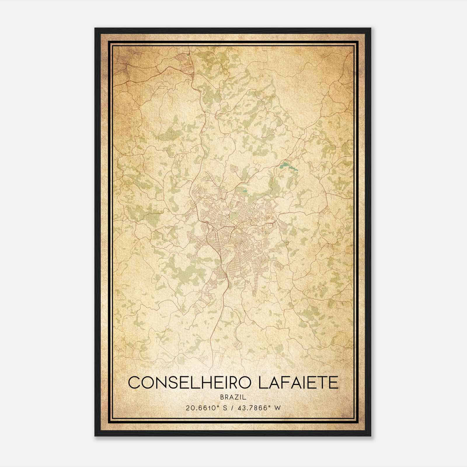 Vintage Conselheiro Lafaiete Brazil Map Poster, Conselheiro Lafaiete City Road Wall Art Print