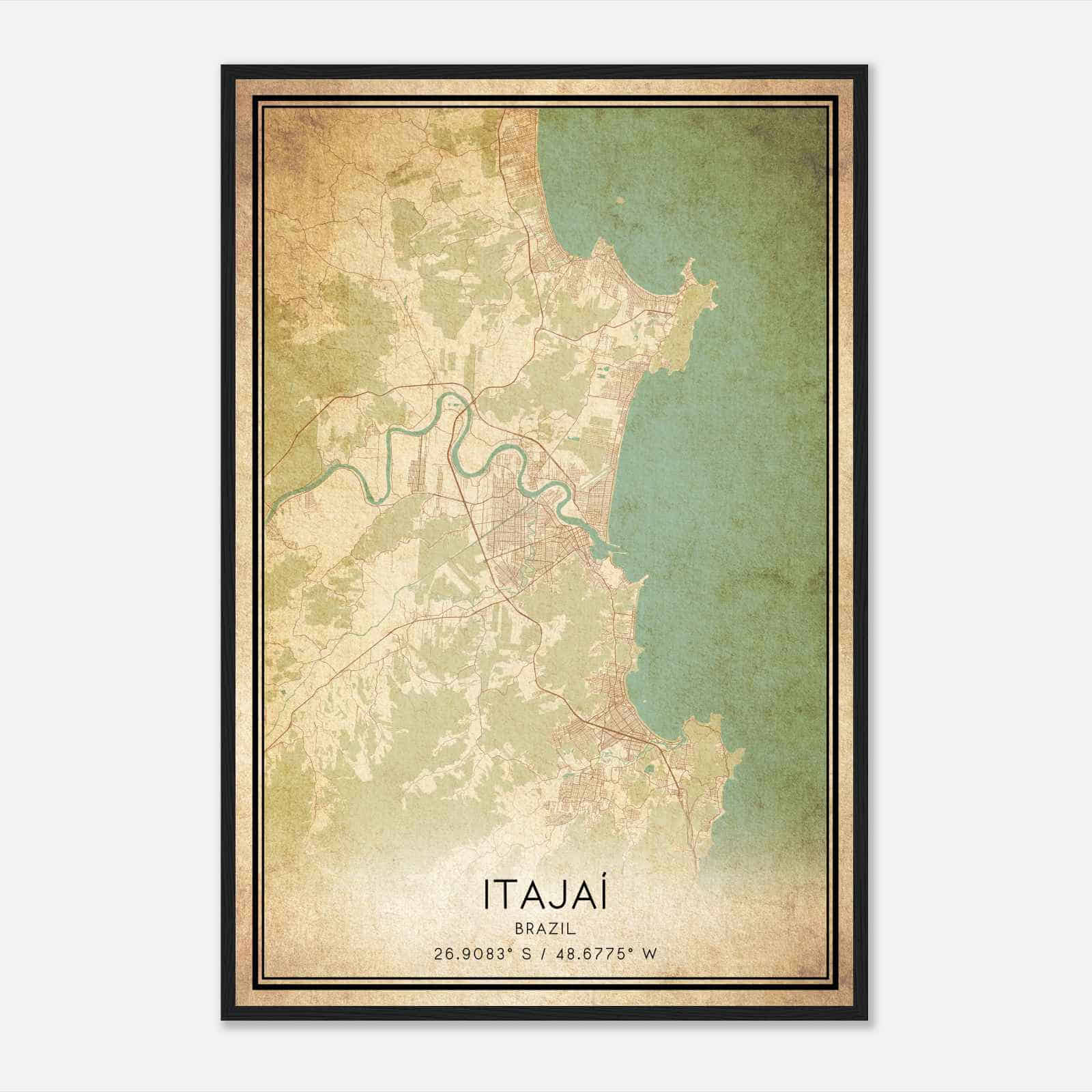Vintage Itajai Brazil Map Poster, Itajai City Road Wall Art Print