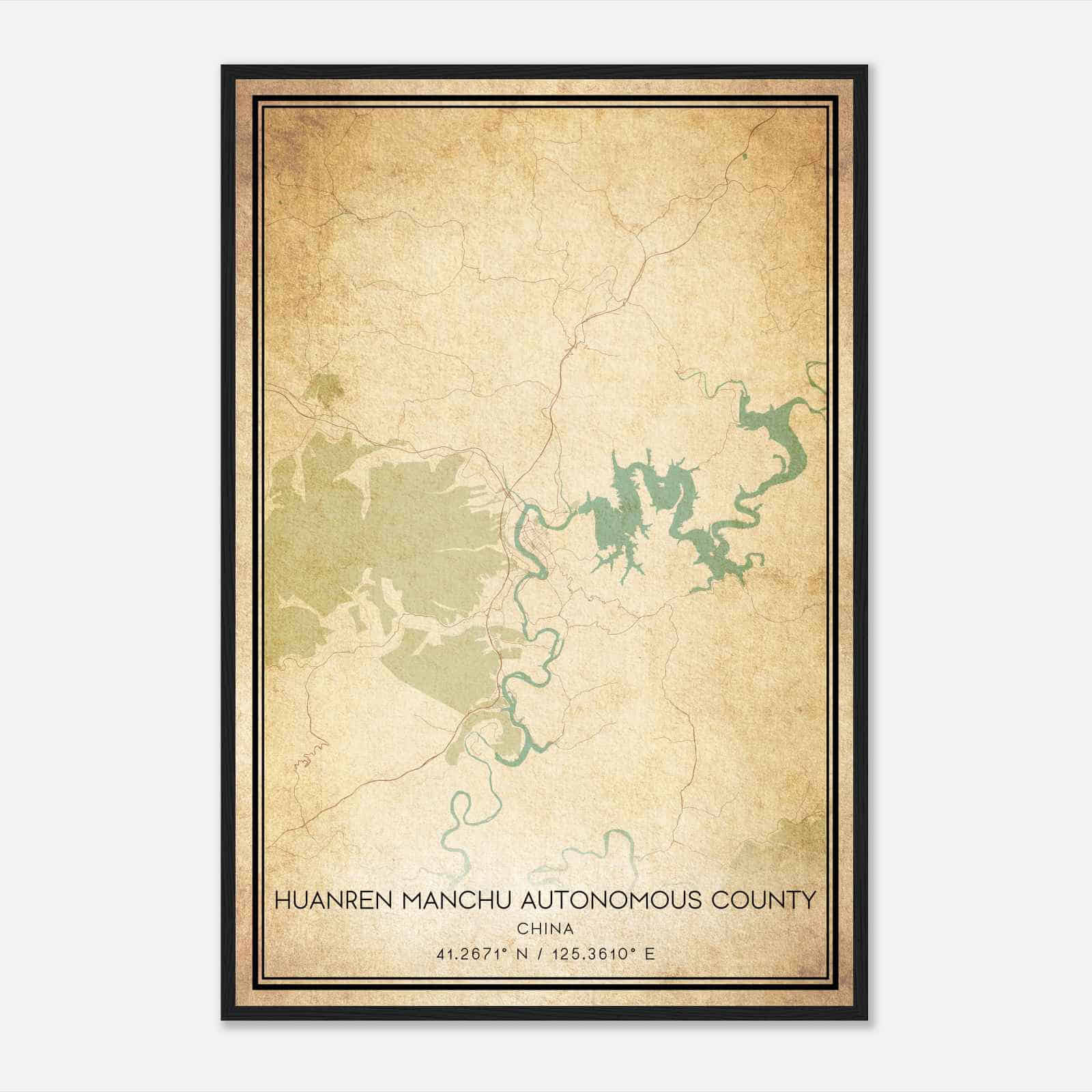 Vintage Huanren Manchu Autonomous County China Map Poster, Huanren Manchu Autonomous County City Road Wall Art Print