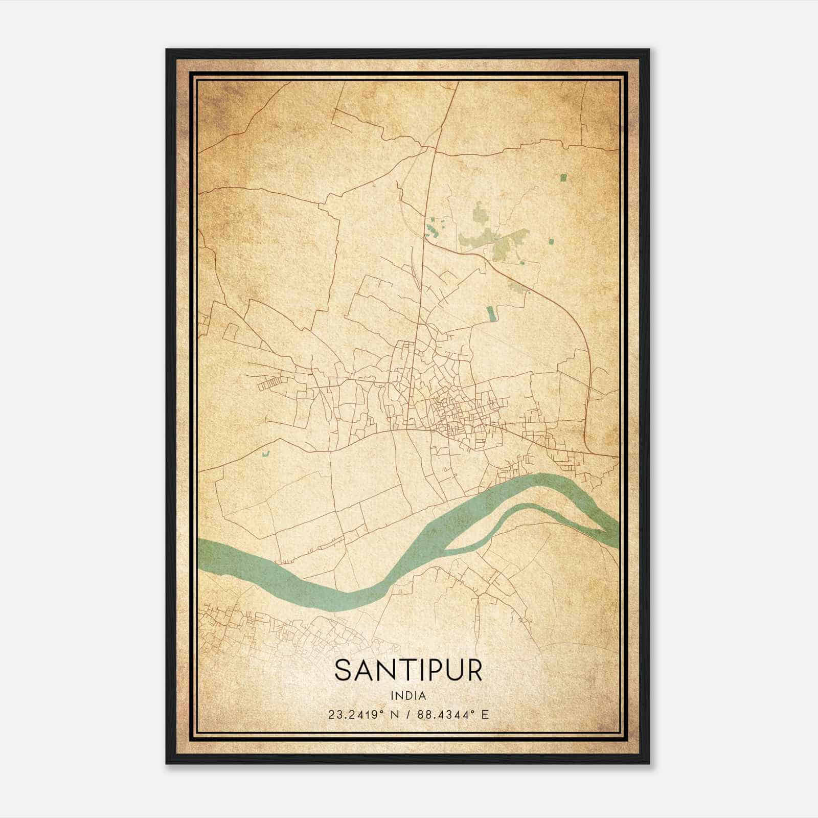 Vintage Santipur India Map Poster, Santipur City Road Wall Art Print