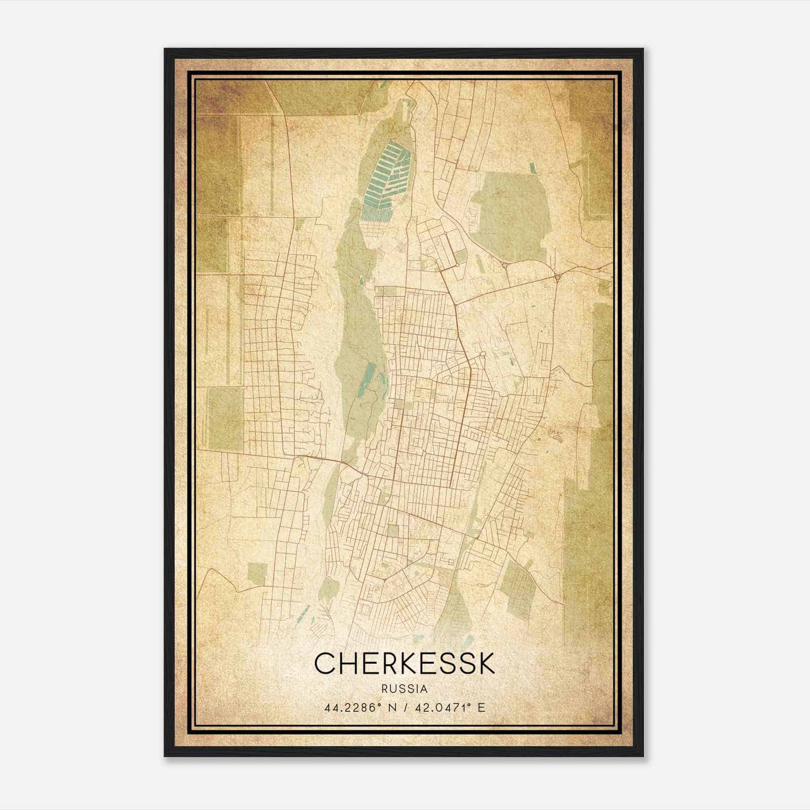 Vintage Cherkessk Russia Map Poster, Cherkessk City Road Wall Art Print