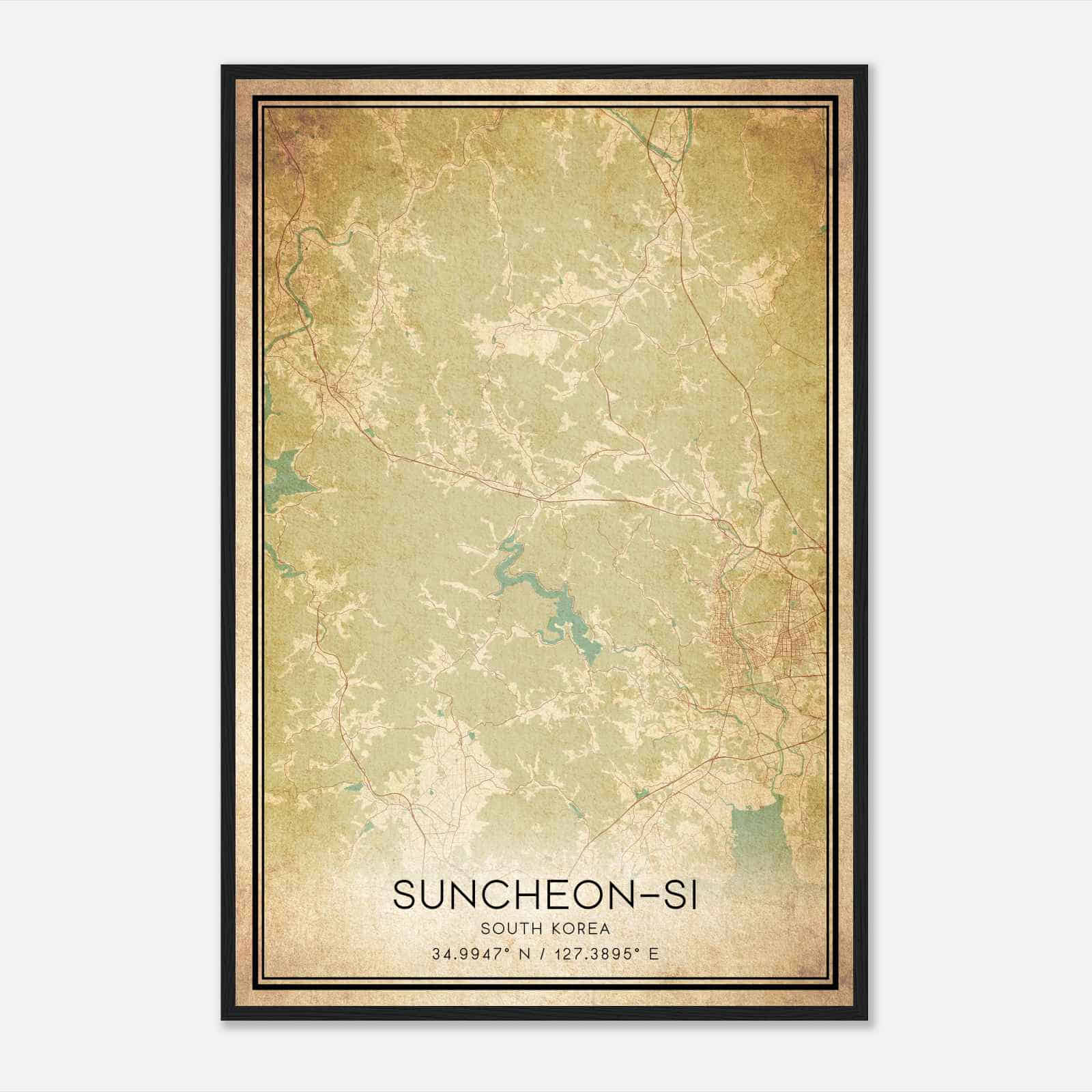 Vintage Suncheonsi South Korea Map Poster, Suncheonsi City Road Wall Art Print