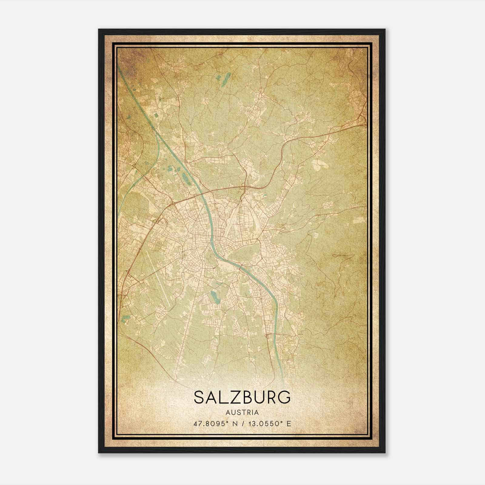 Vintage Salzburg Austria Map Poster, Salzburg City Road Wall Art Print