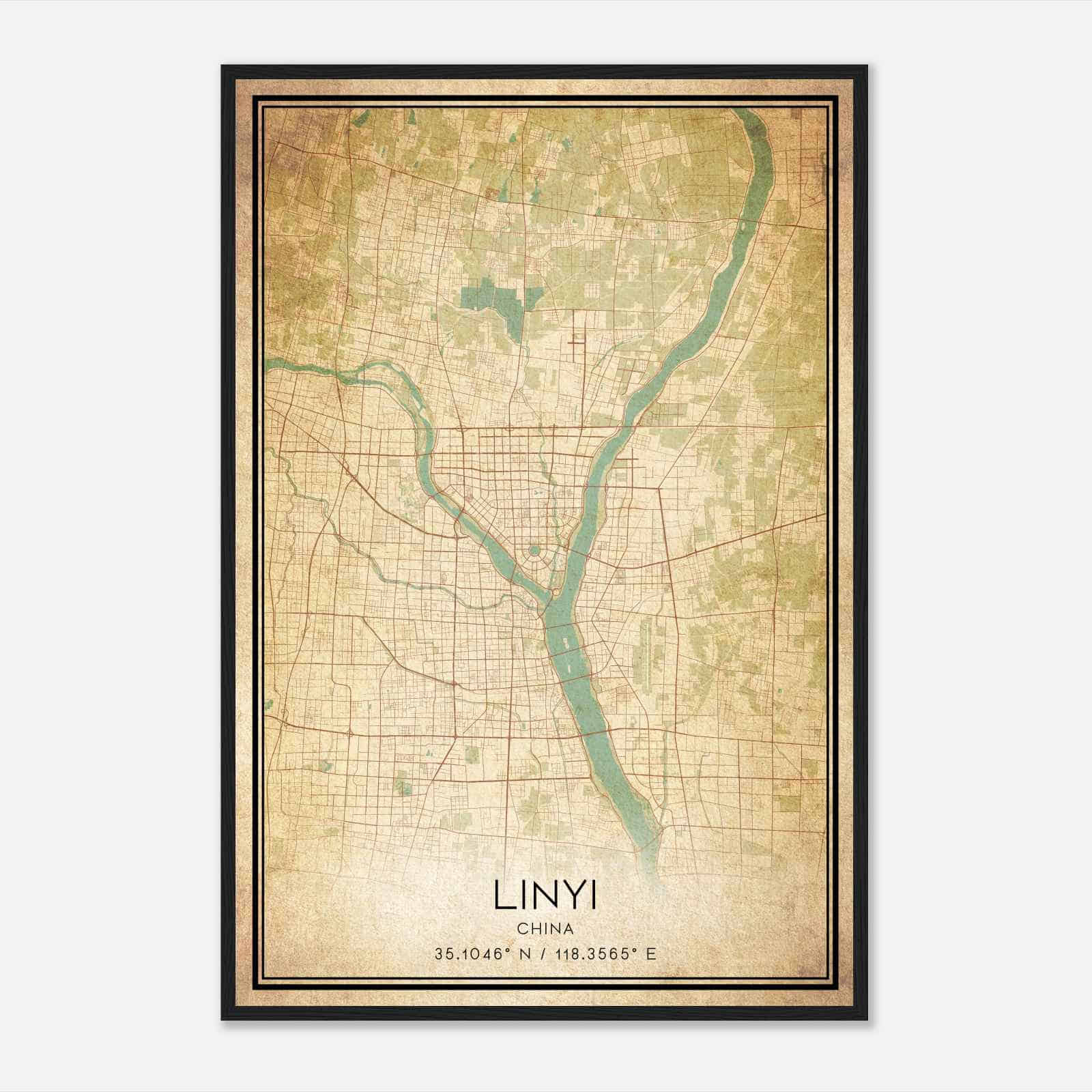 Vintage Linyi China Map Poster, Linyi City Road Wall Art Print