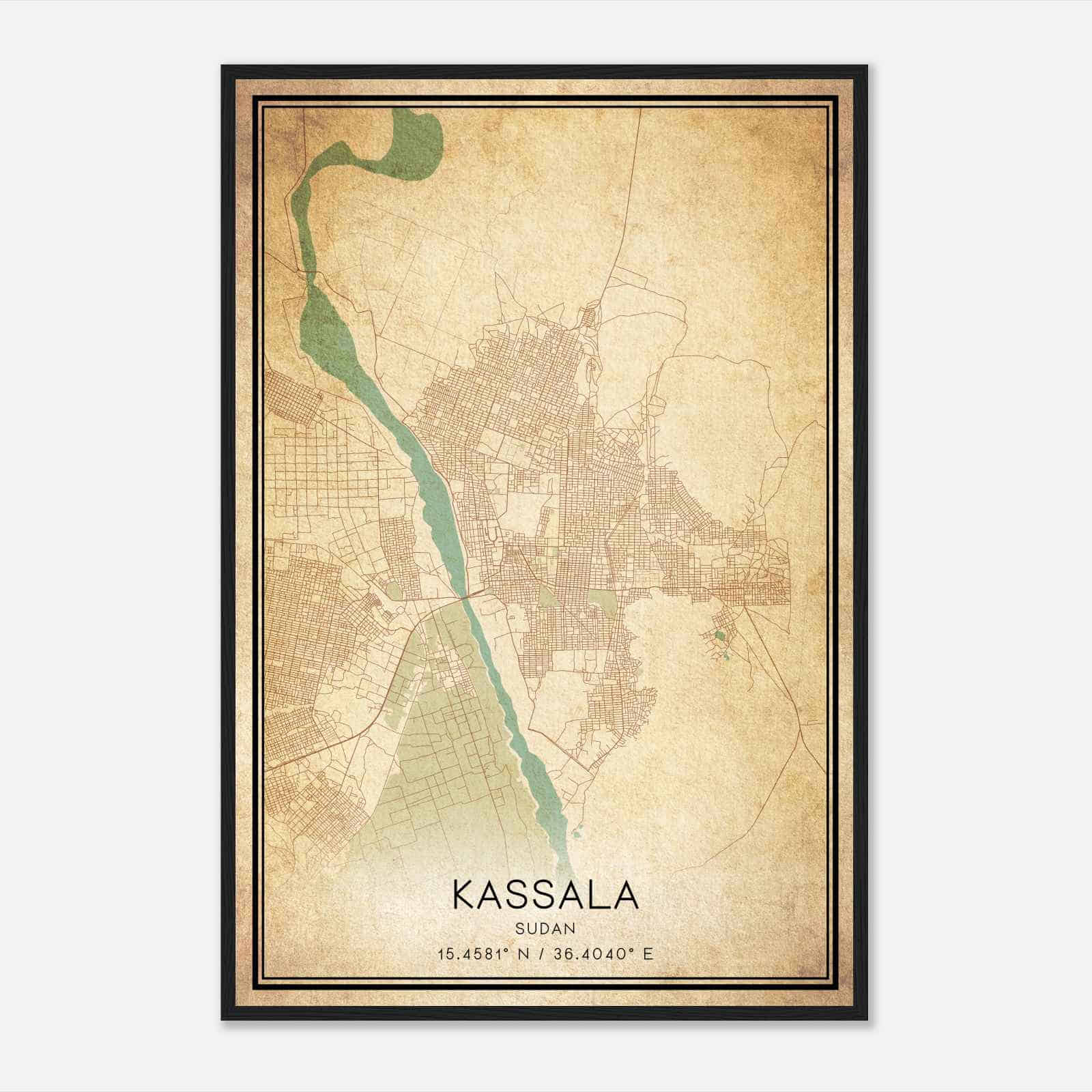 Vintage Kassala Sudan Map Poster, Kassala City Road Wall Art Print